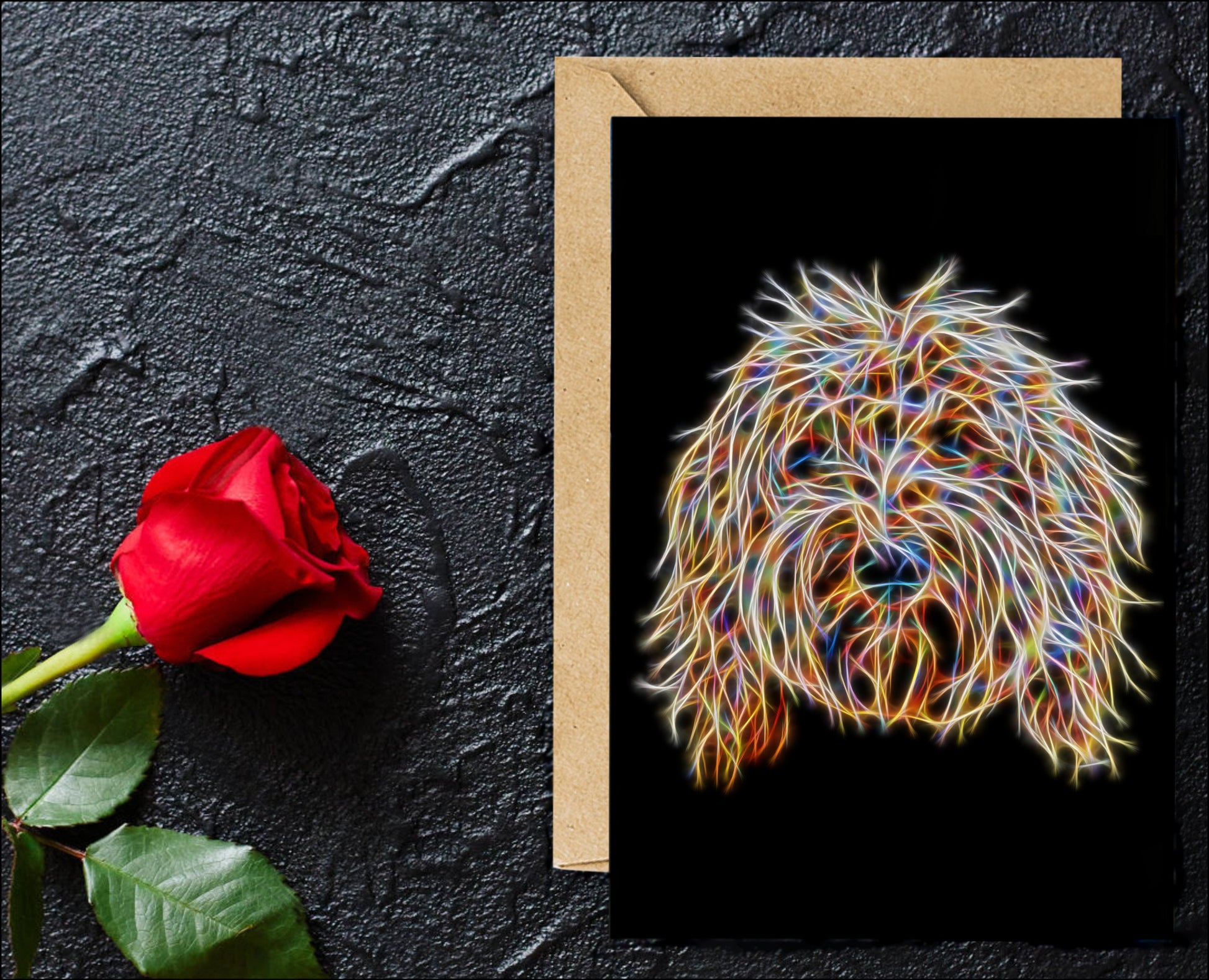 Gold Labradoodle Greeting Card with Stunning Fractal Art Design. Blank Inside for Birthdays or any other Occasion