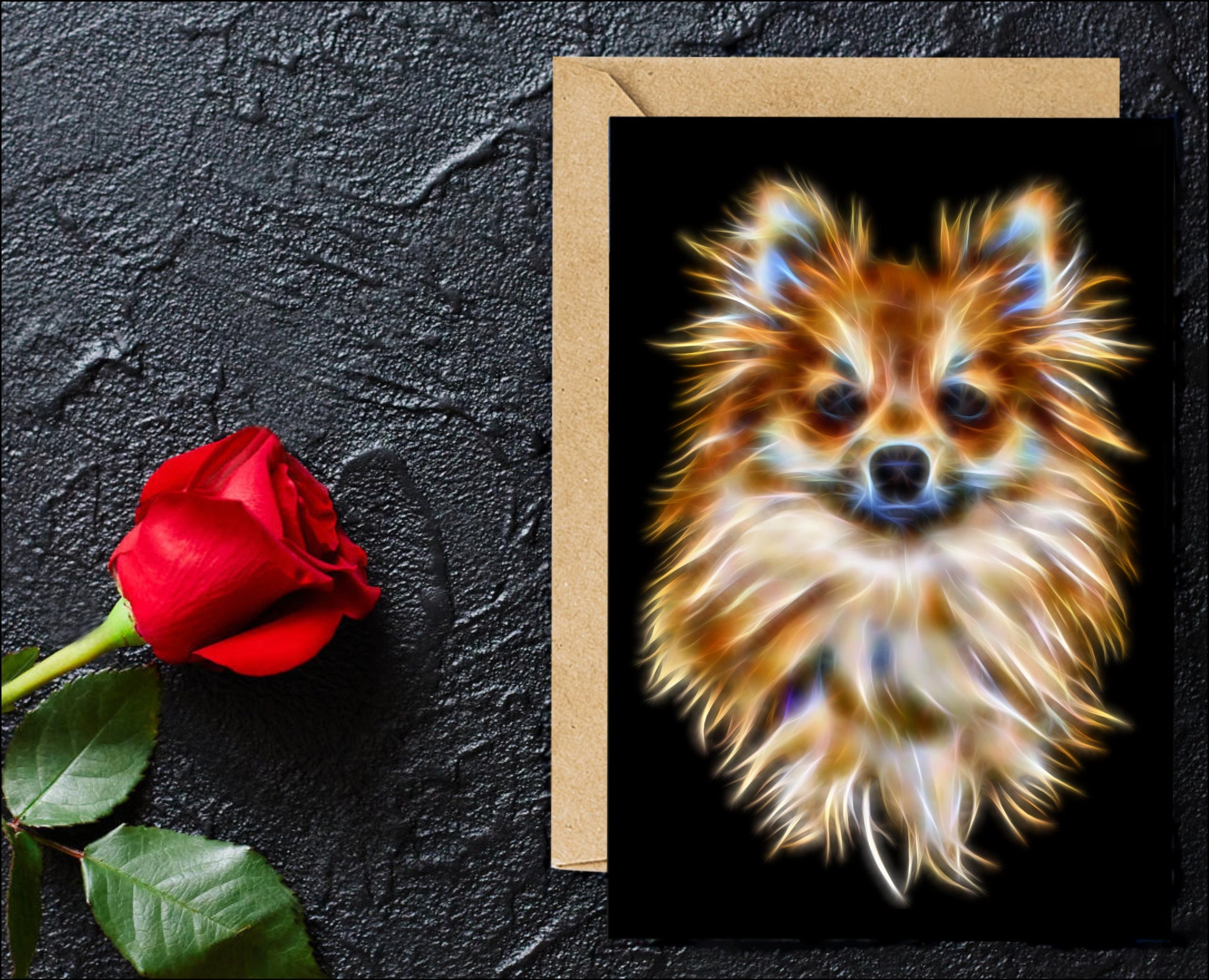 Pomeranian Greeting Card with Stunning Fractal Art Design. Blank Inside for Birthdays or any other Occasion