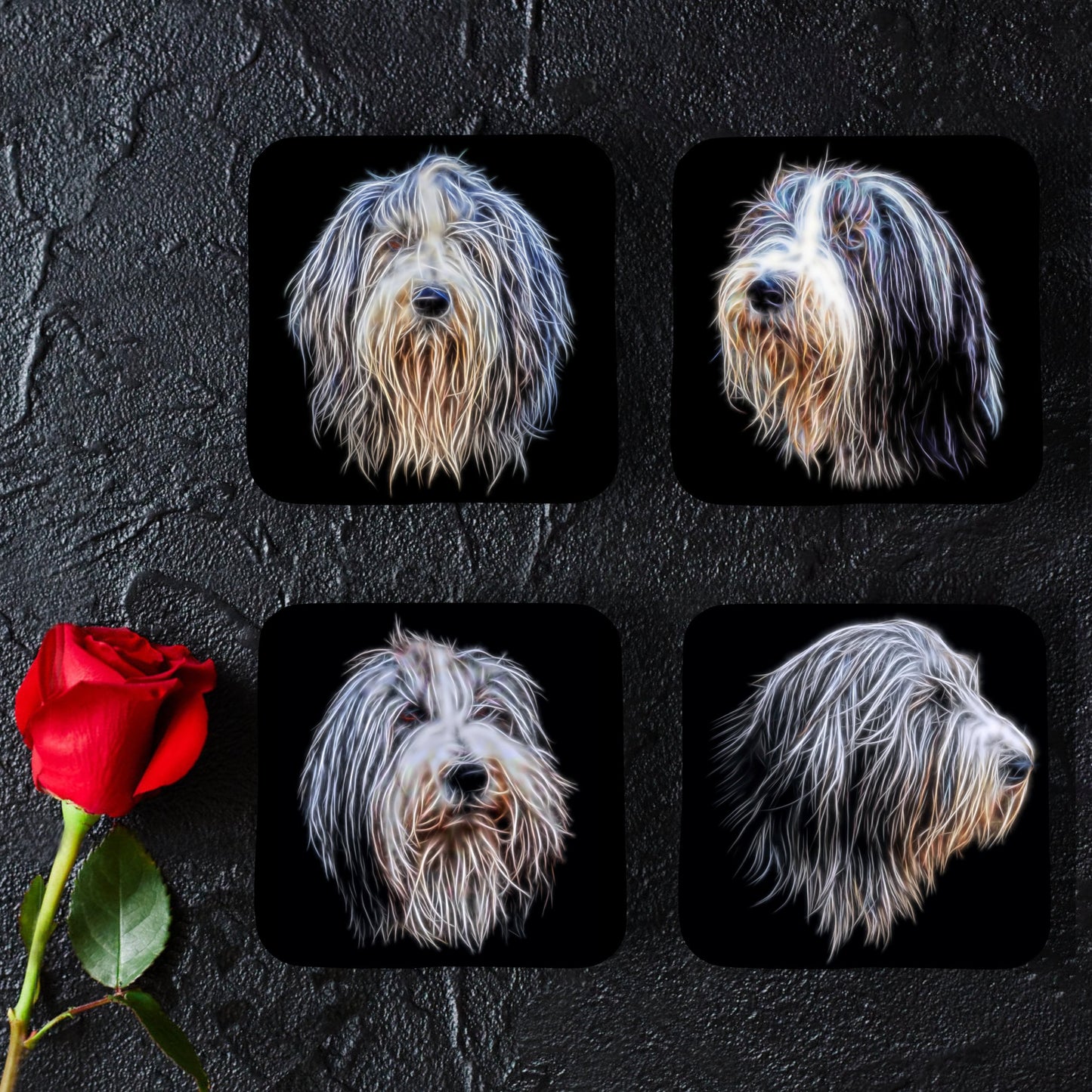 Bearded Collie Coasters with Fractal Art Design, Perfect Bearded Collie Owner Gift