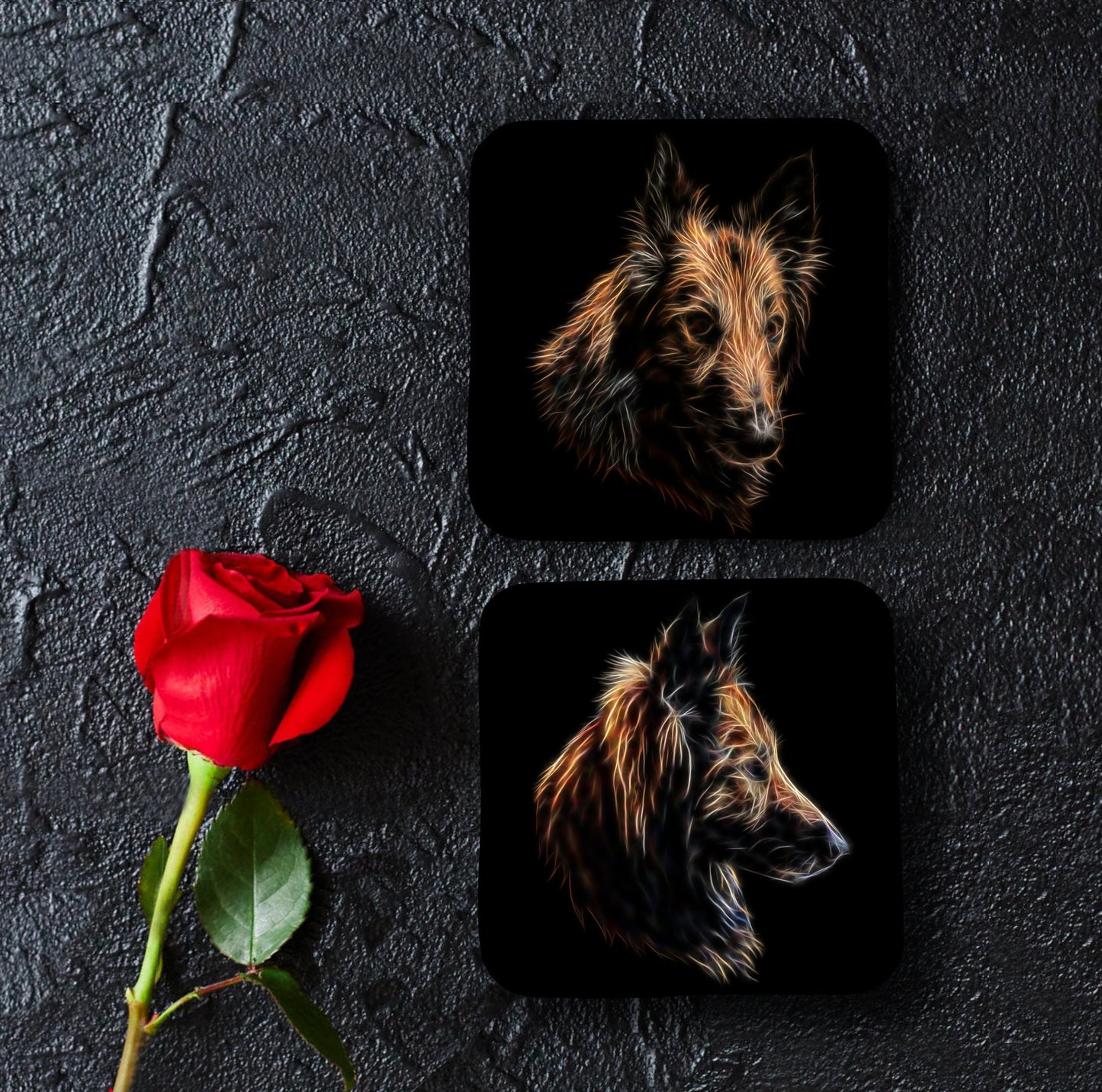 Belgian Shepherd, Belgian Tervuren Coasters, Set of 2, with Stunning Fractal Art Design.