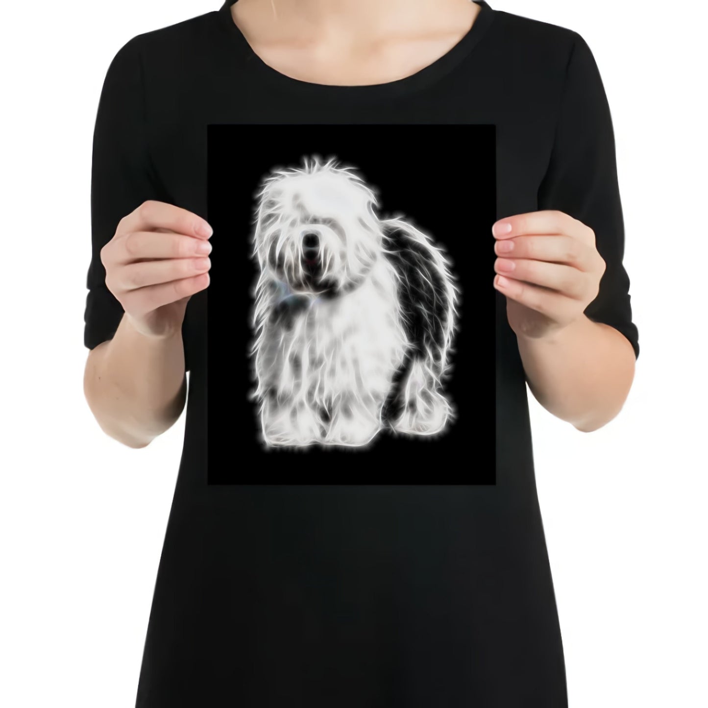 Old English Sheepdog Metal Wall Plaque with Stunning Fractal Art Design.