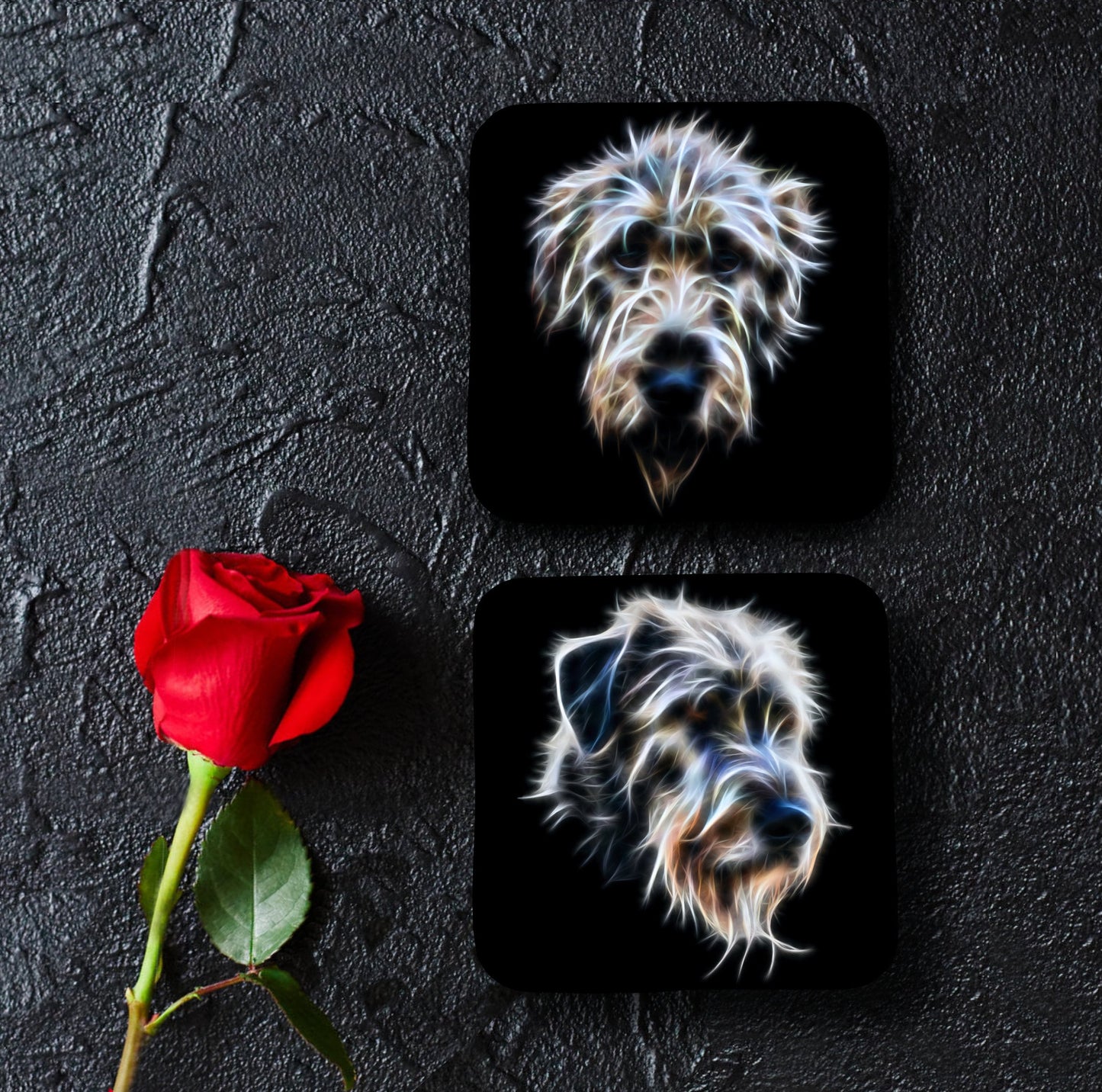 Irish Wolfhound Coasters, Set of 2, with Stunning Fractal Art Design.