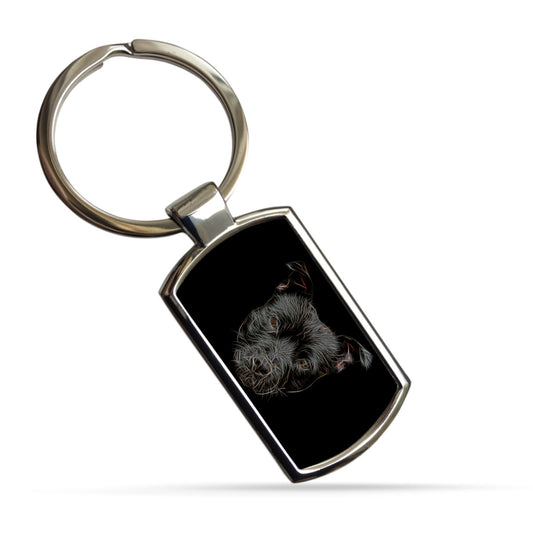 Black Staffordshire Bull Terrier Metal Keychain with Fractal Art Design.