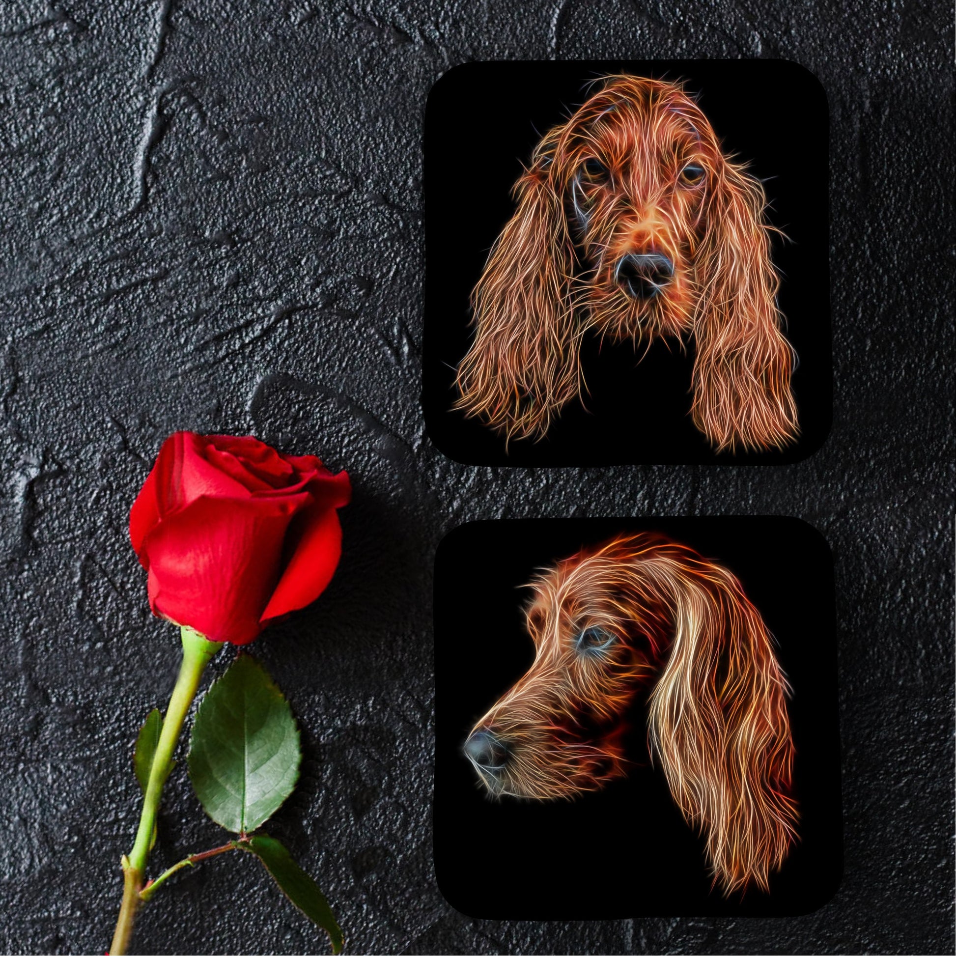 Irish Setter Coasters, Set of 2, with Stunning Fractal Art Design.