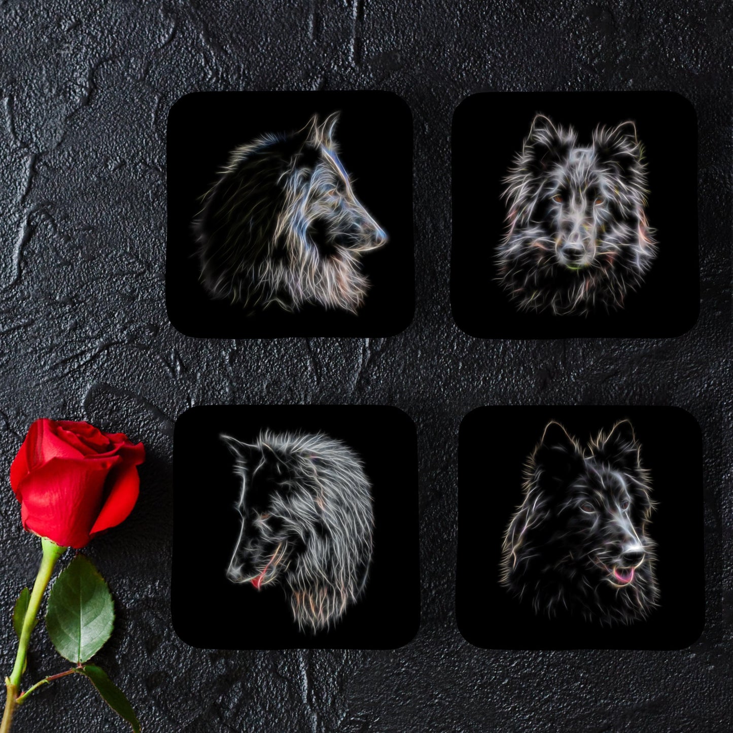 Belgian Shepherd Coasters, Set of 4, with Stunning Fractal Art Design. Belgian Groenendael