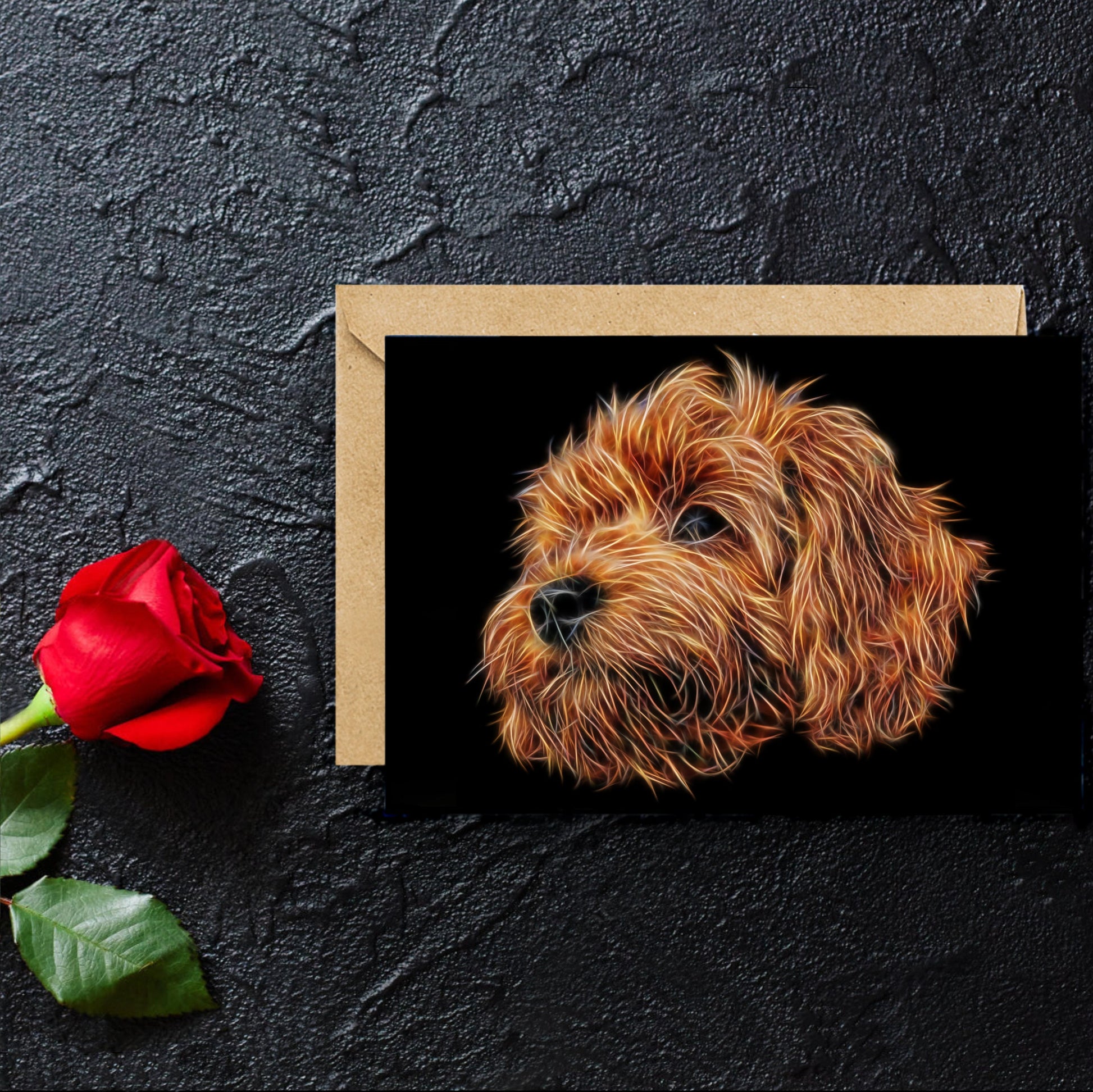 Red Cavapoo Greeting Card with Stunning Fractal Art Design. Blank Inside for Birthdays or any other Occasion