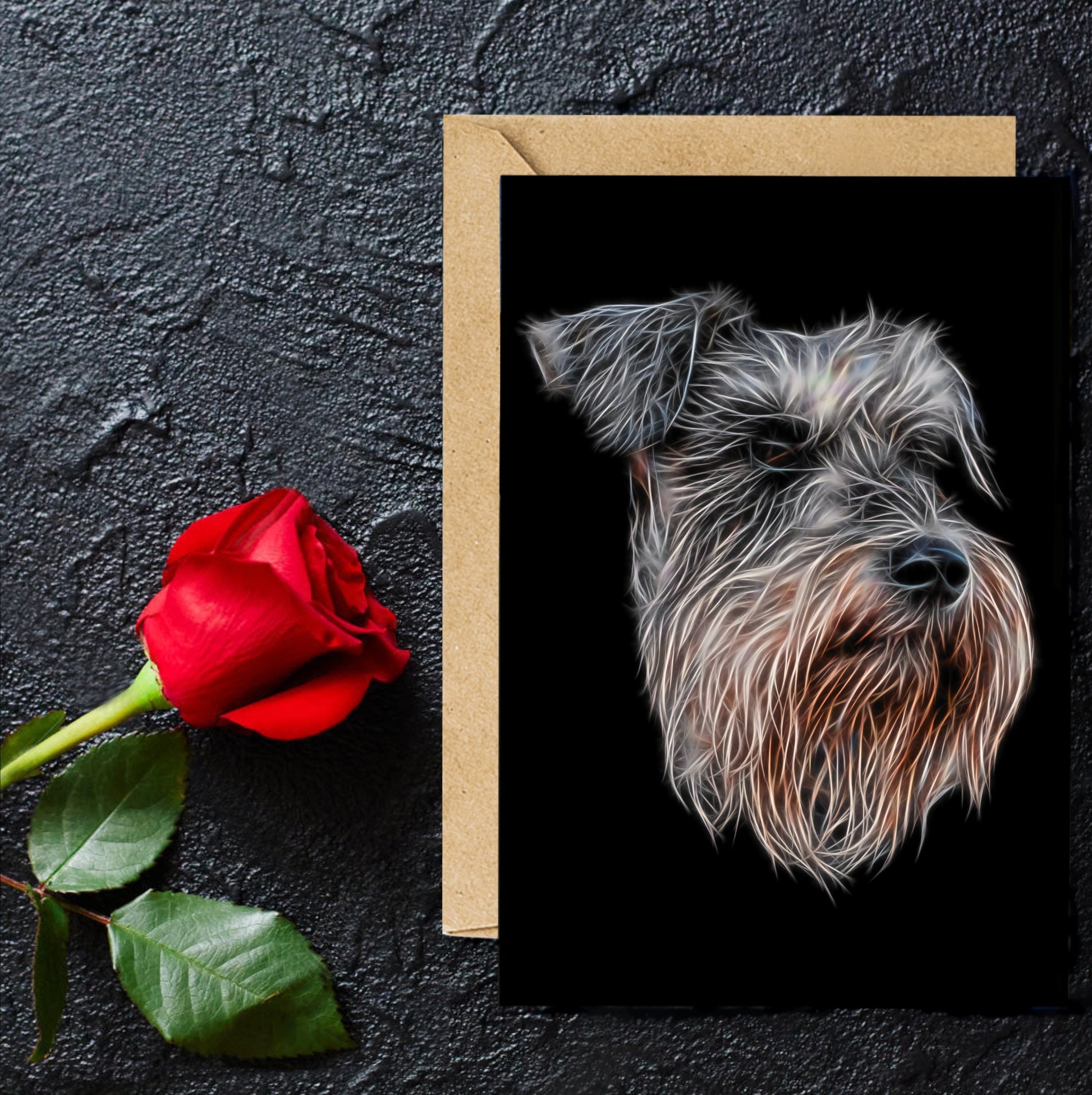 Salt & Pepper Schnauzer Greeting Card with Stunning Fractal Art Design. Blank Inside for Birthdays or any other Occasion