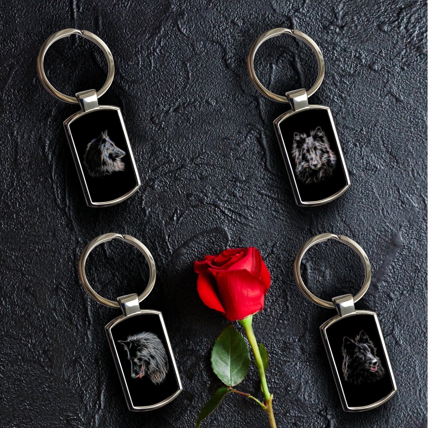 Black Belgian Groenendael Shepherd Keychain with Fractal Art Design.