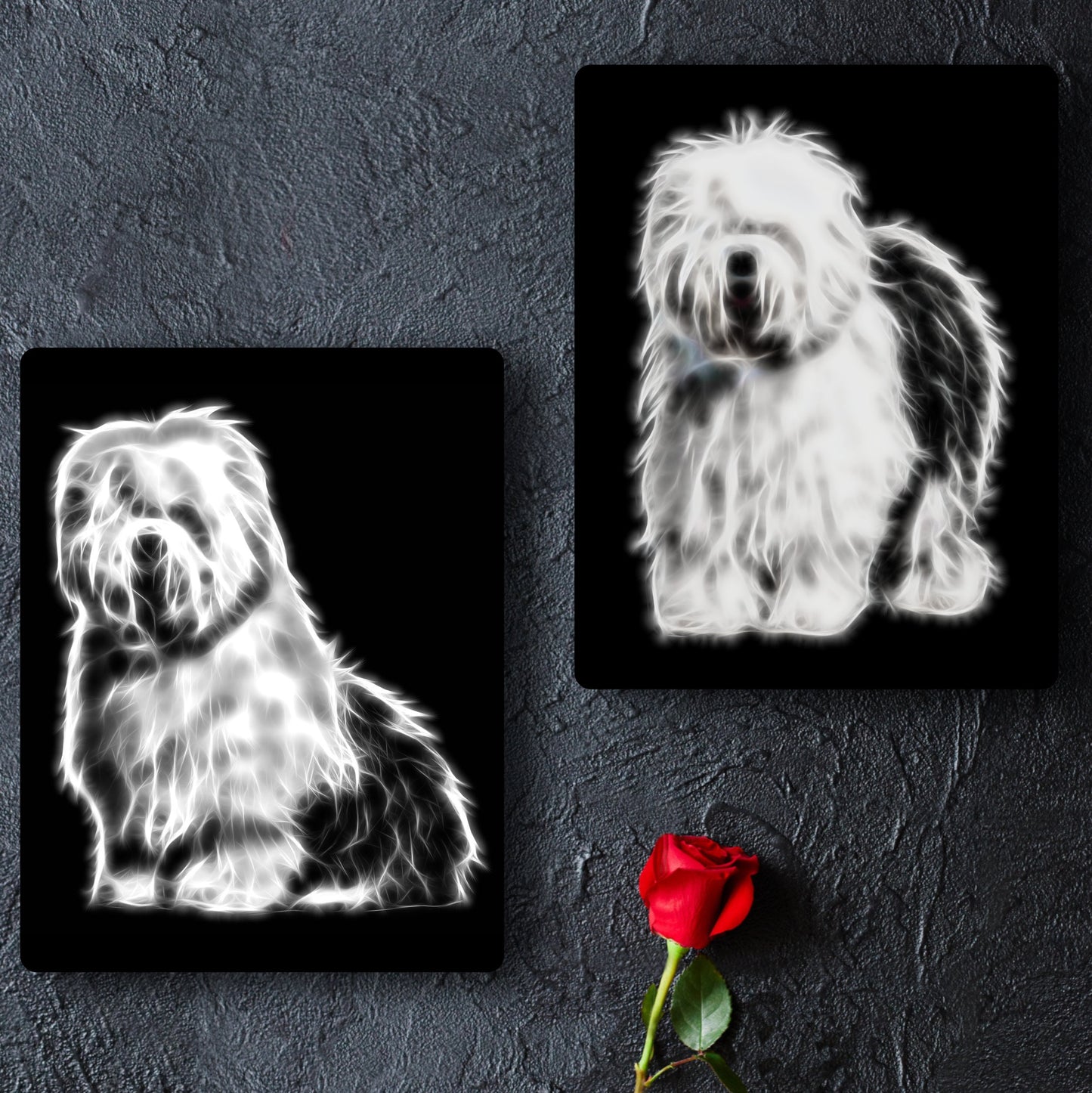Old English Sheepdog Metal Wall Plaque with Stunning Fractal Art Design.