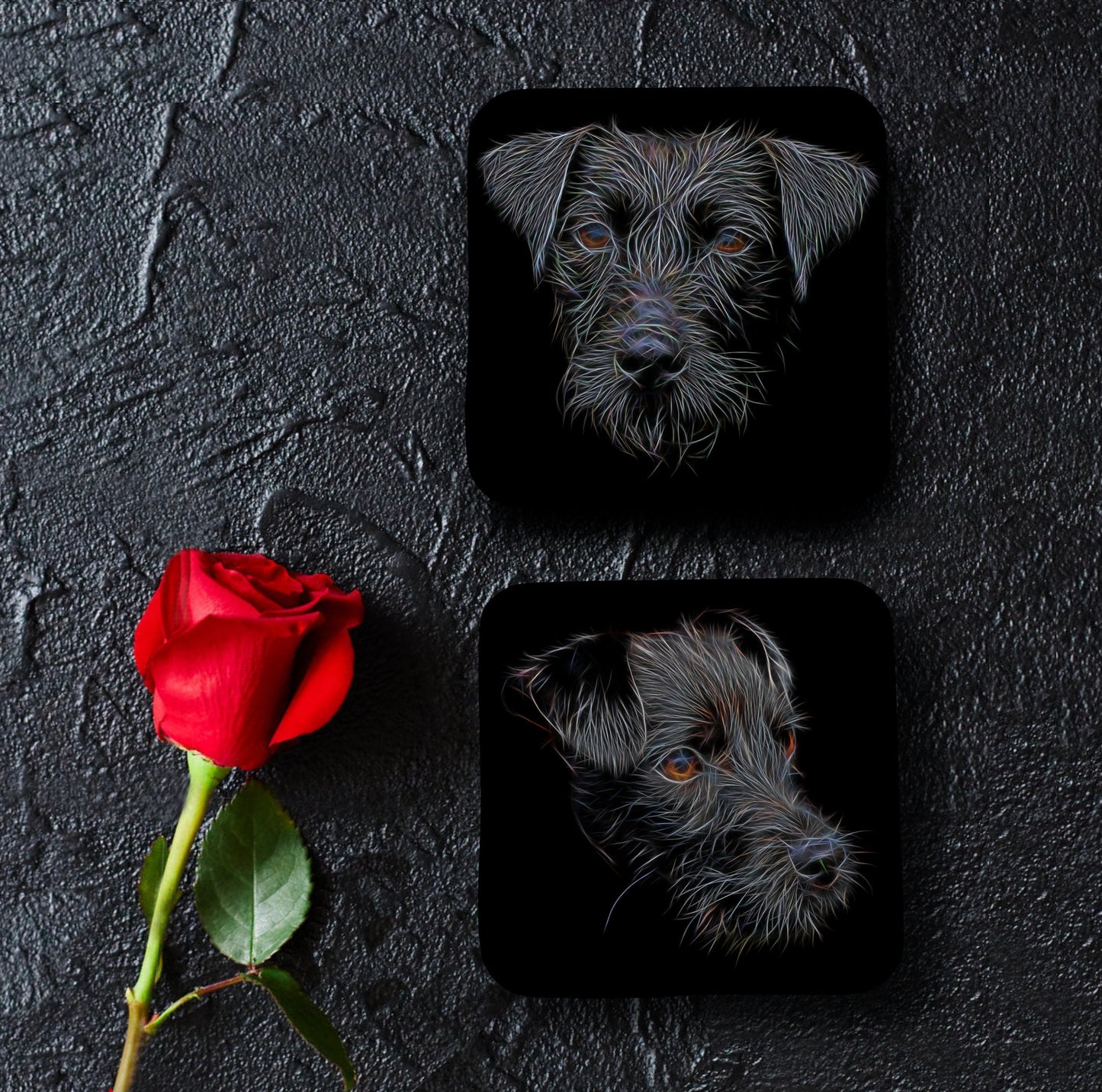Black Patterdale Terrier Coasters, Set of 2, with Stunning Fractal Art Design.