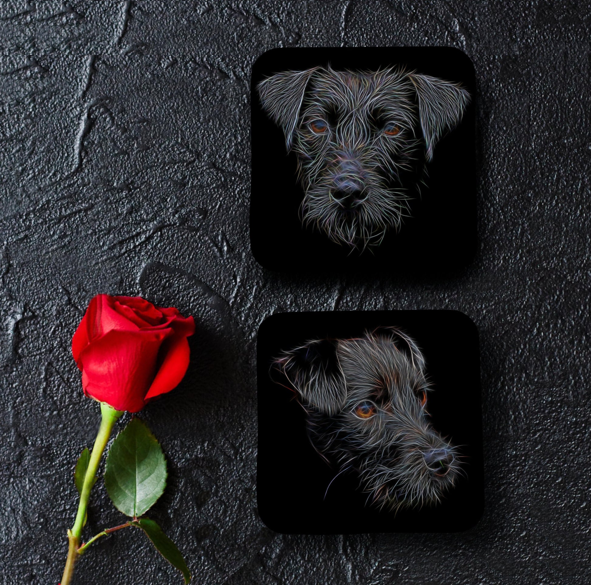 Black Patterdale Terrier Coasters, Set of 2, with Stunning Fractal Art Design.