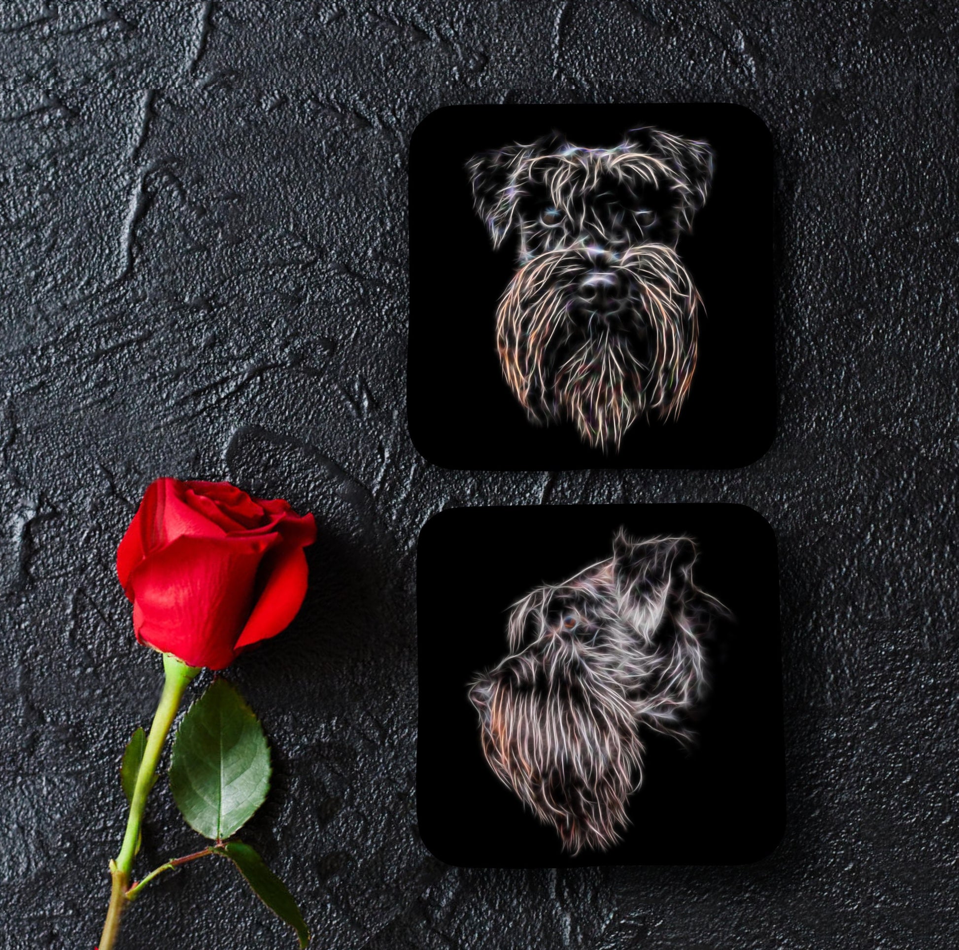 Black Schnauzer Coaster Set with Stunning Fractal Art Design, Schnauzer Owner Gift