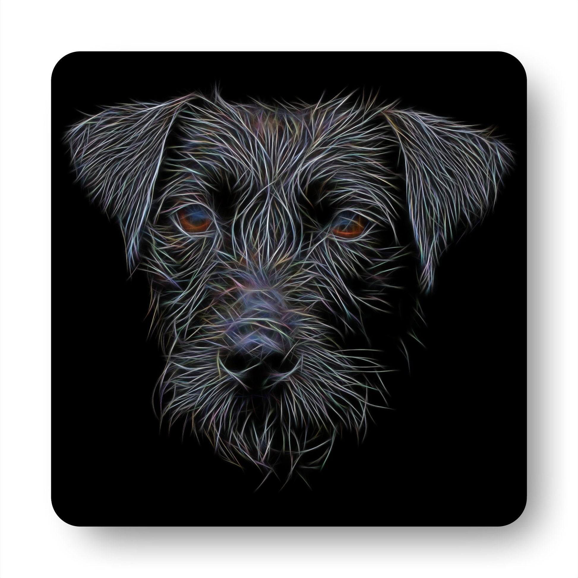 Black Patterdale Terrier Coasters, Set of 2, with Stunning Fractal Art Design.