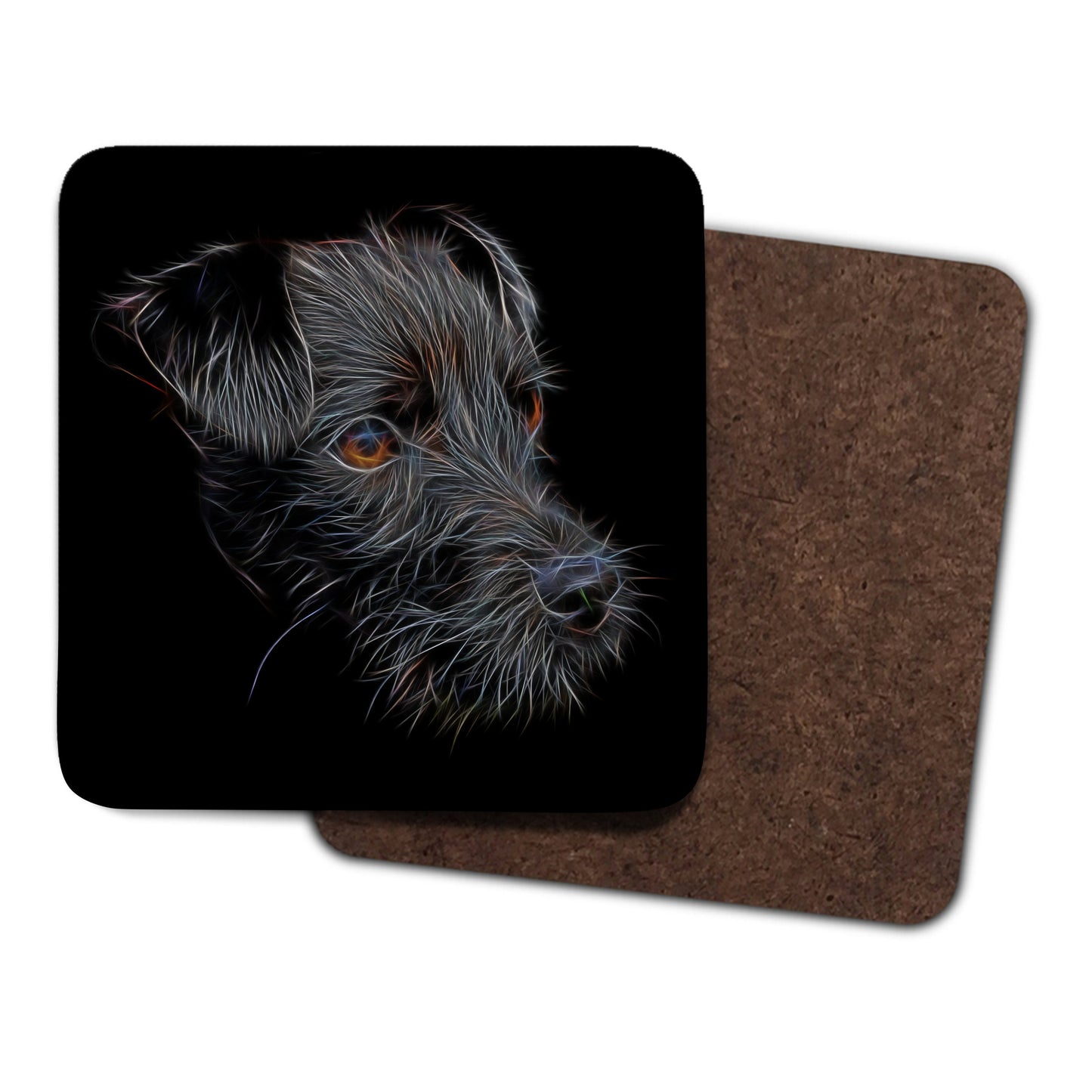 Black Patterdale Terrier Coasters, Set of 2, with Stunning Fractal Art Design.