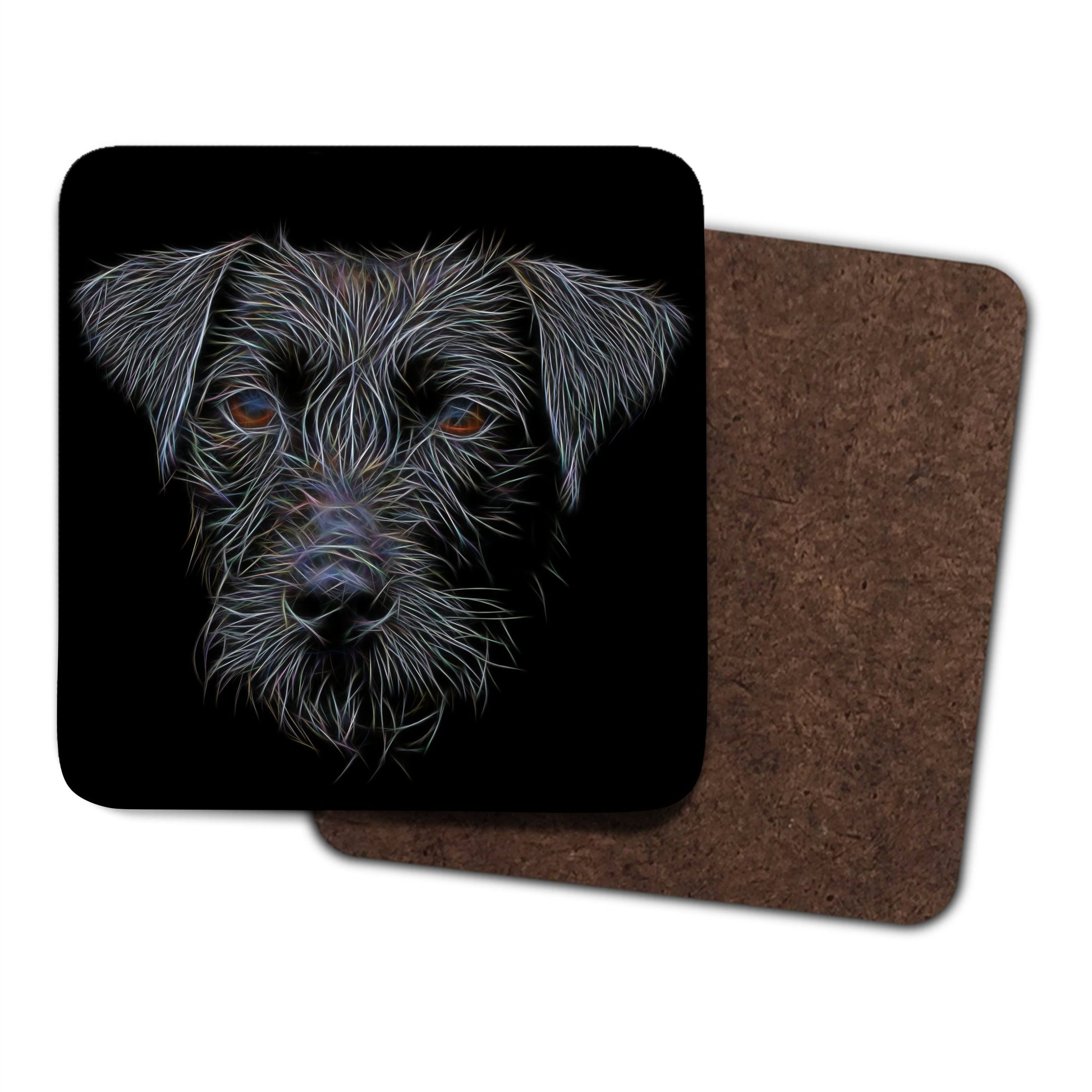 Black Patterdale Terrier Coasters, Set of 2, with Stunning Fractal Art Design.