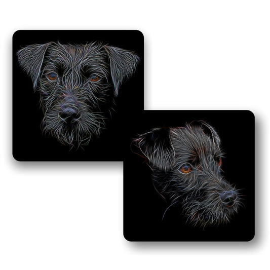 Black Patterdale Terrier Coasters, Set of 2, with Stunning Fractal Art Design.