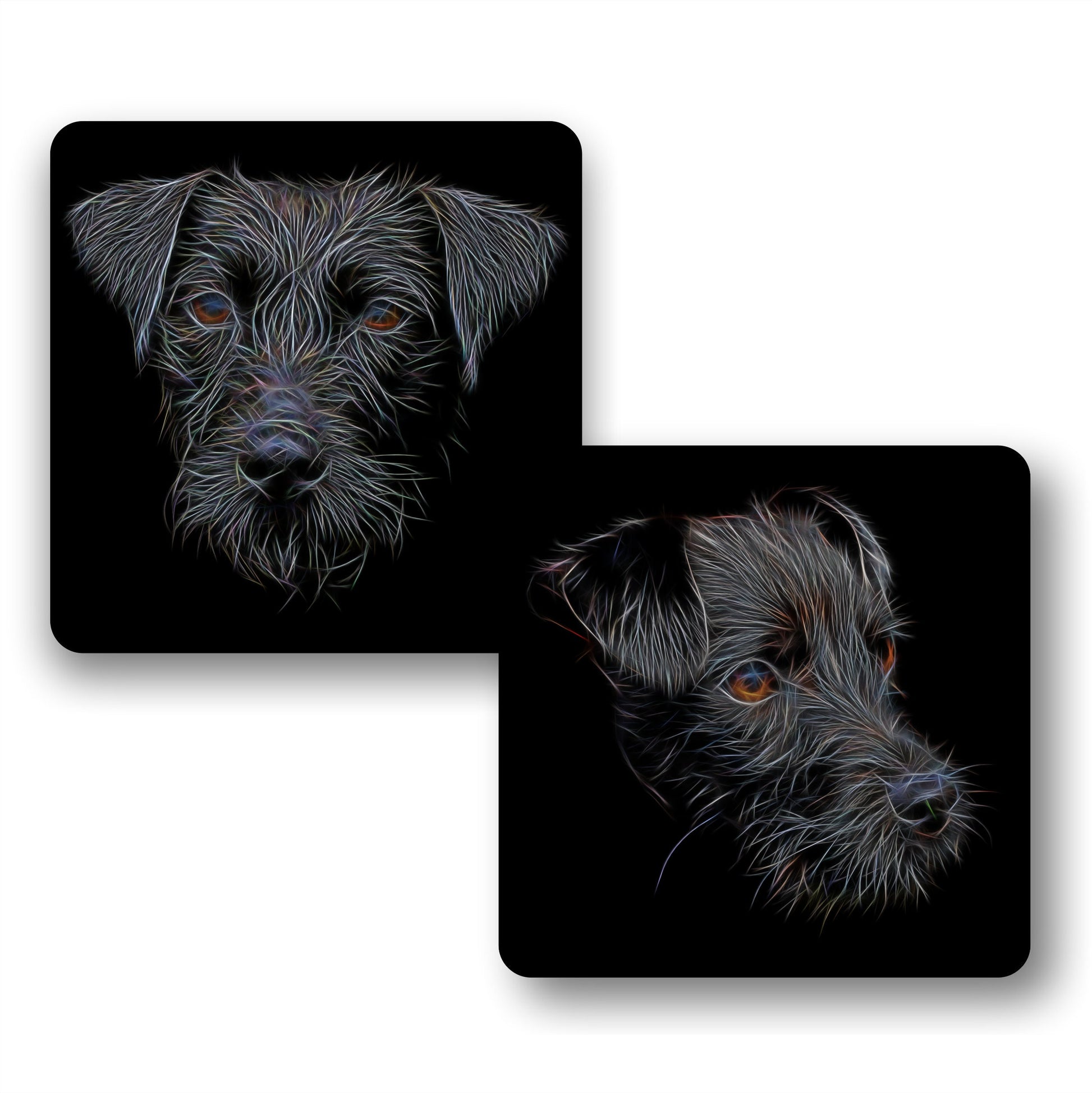 Black Patterdale Terrier Coasters, Set of 2, with Stunning Fractal Art Design.
