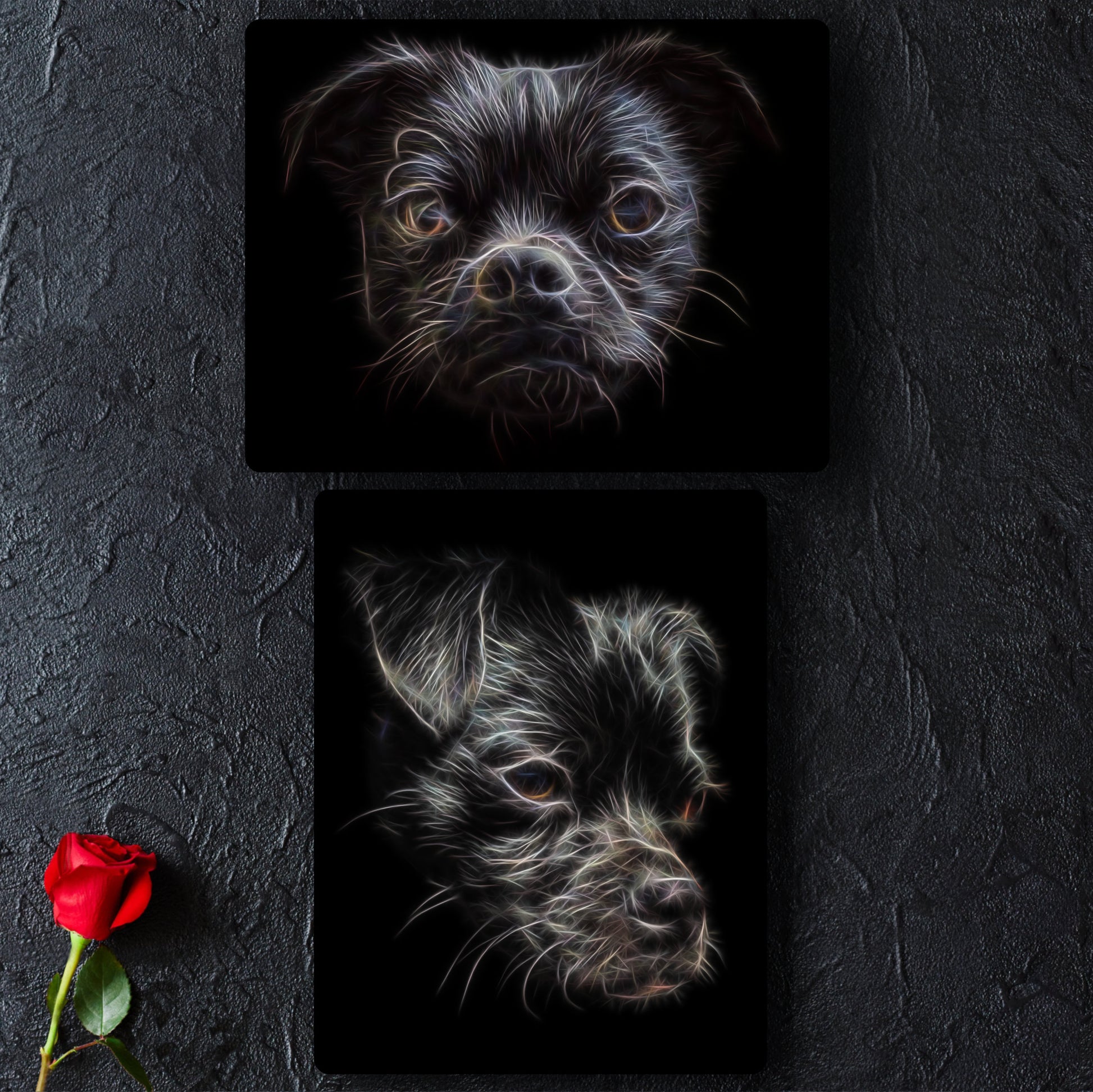 Black Chug Dog Metal Wall Plaque with Fractal Art Design.