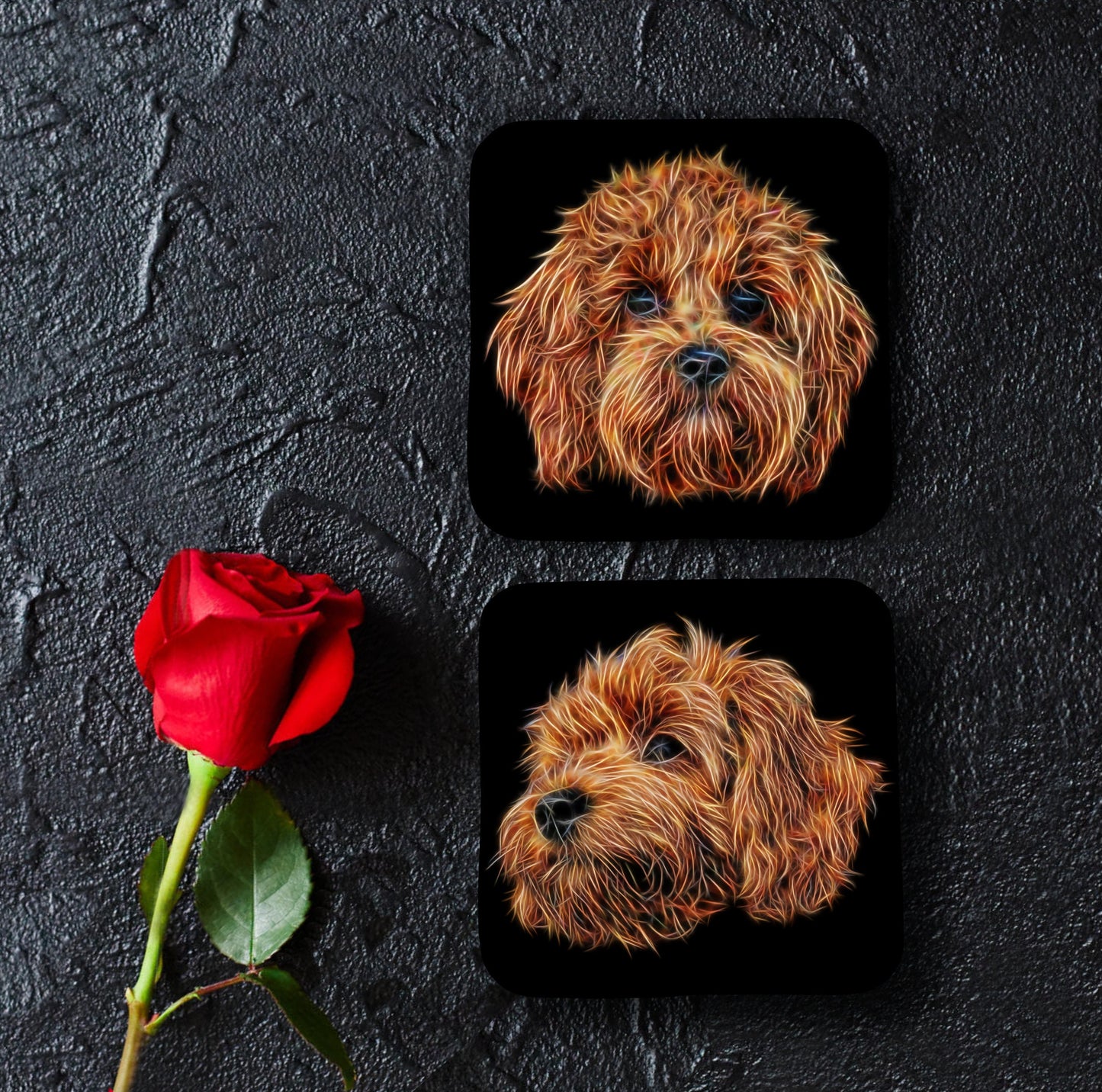 Red Cavapoo Coasters, Set of 2, with Stunning Fractal Art Design.