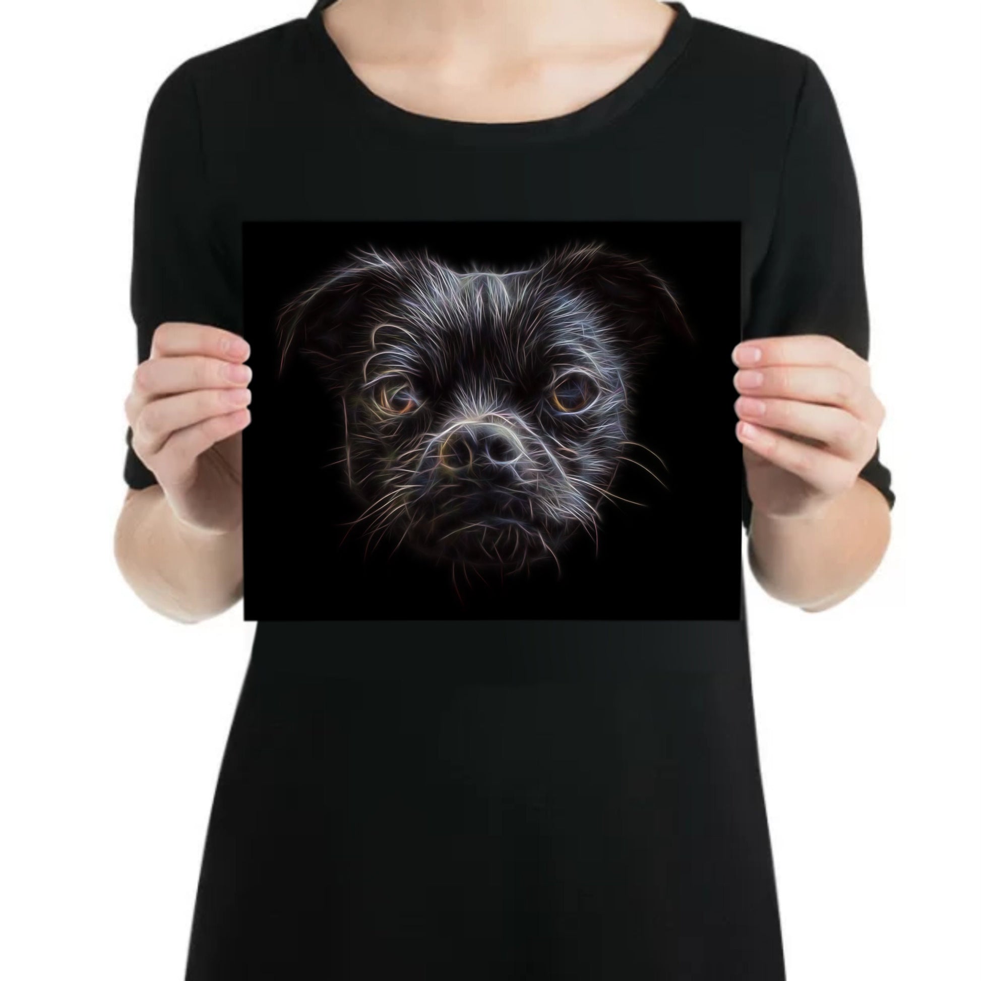 Black Chug Dog Metal Wall Plaque with Fractal Art Design.