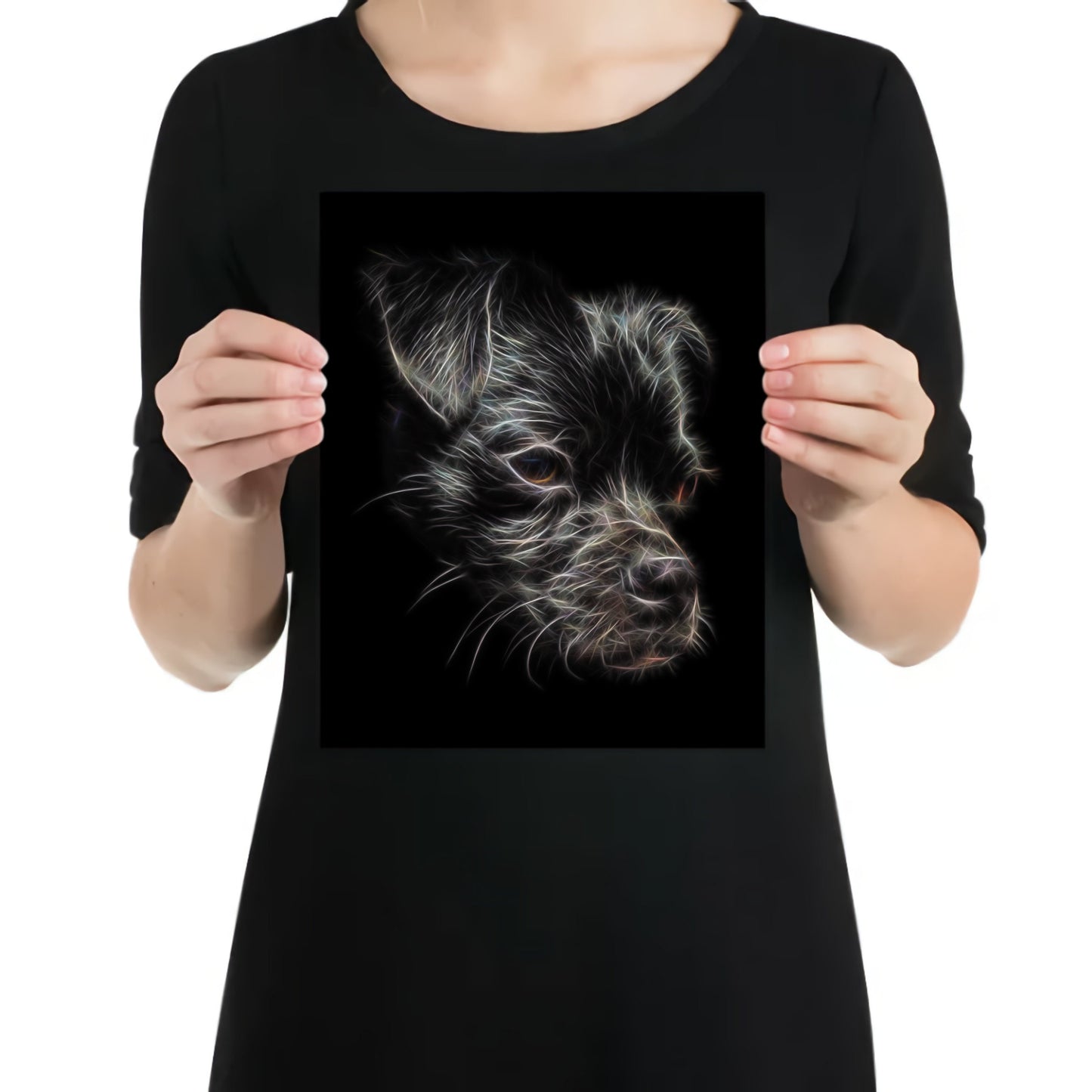 Black Chug Dog Metal Wall Plaque with Fractal Art Design.