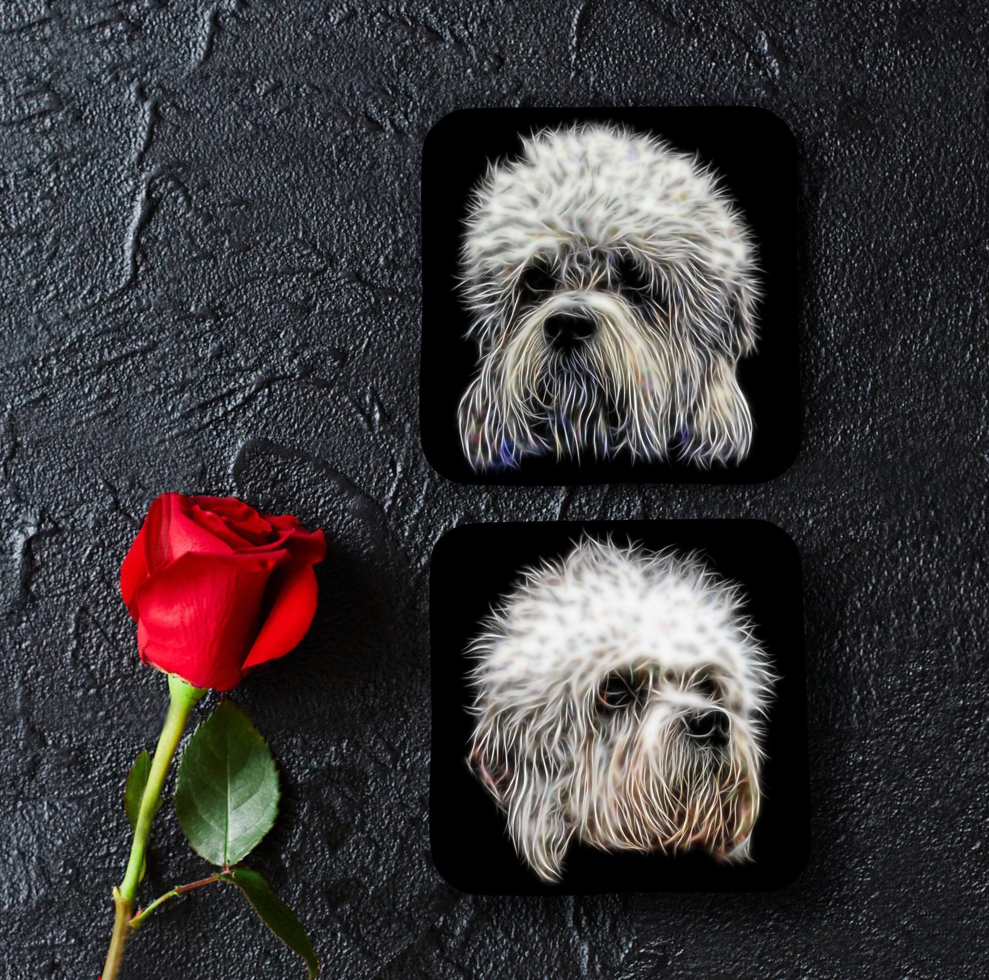 Dandie Dinmont Coasters, Set of 2, with Stunning Fractal Art Design.