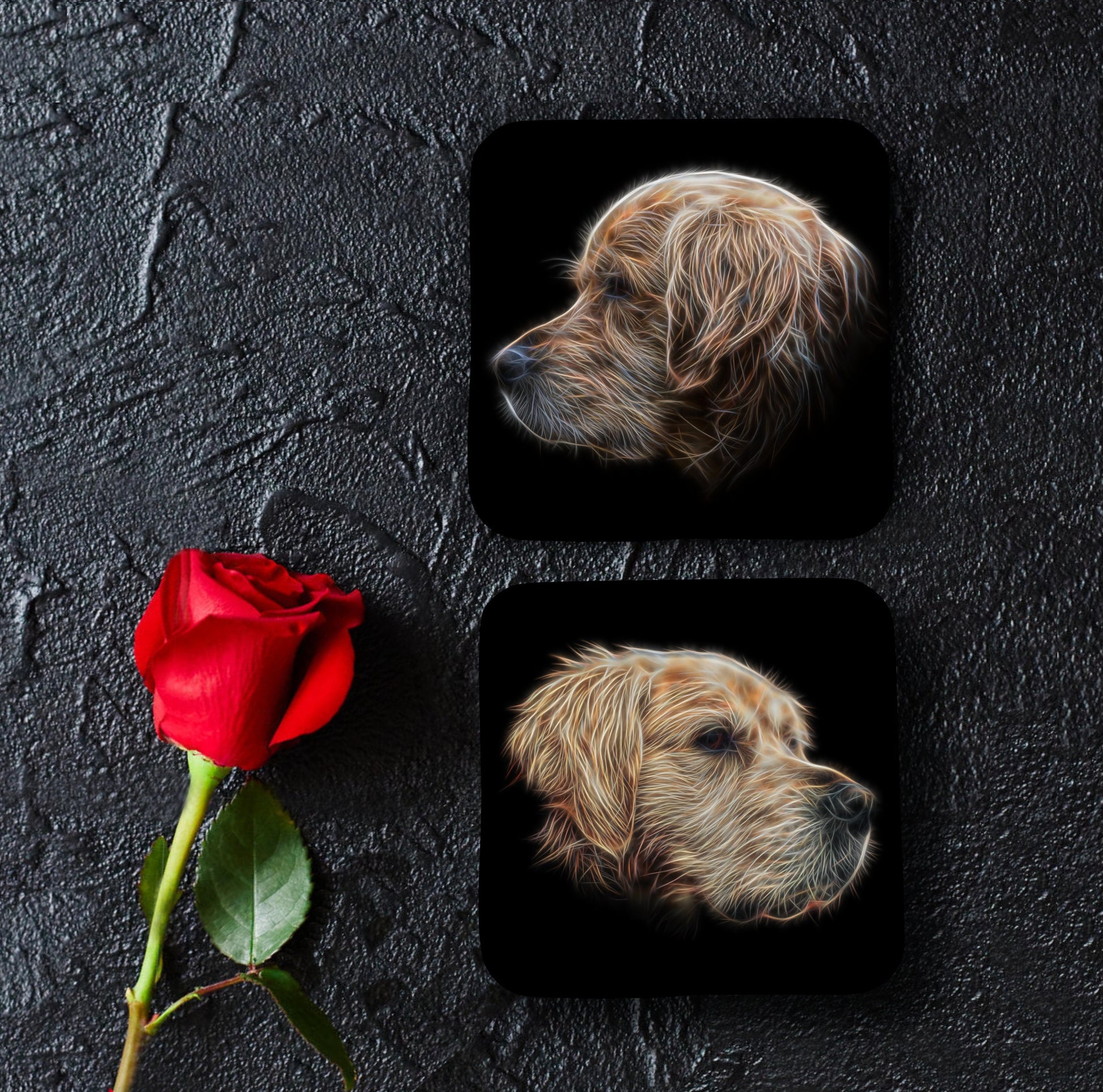 Golden Retriever Coasters, Set of 2, with Stunning Fractal Art Design. Perfect Owner Gift.