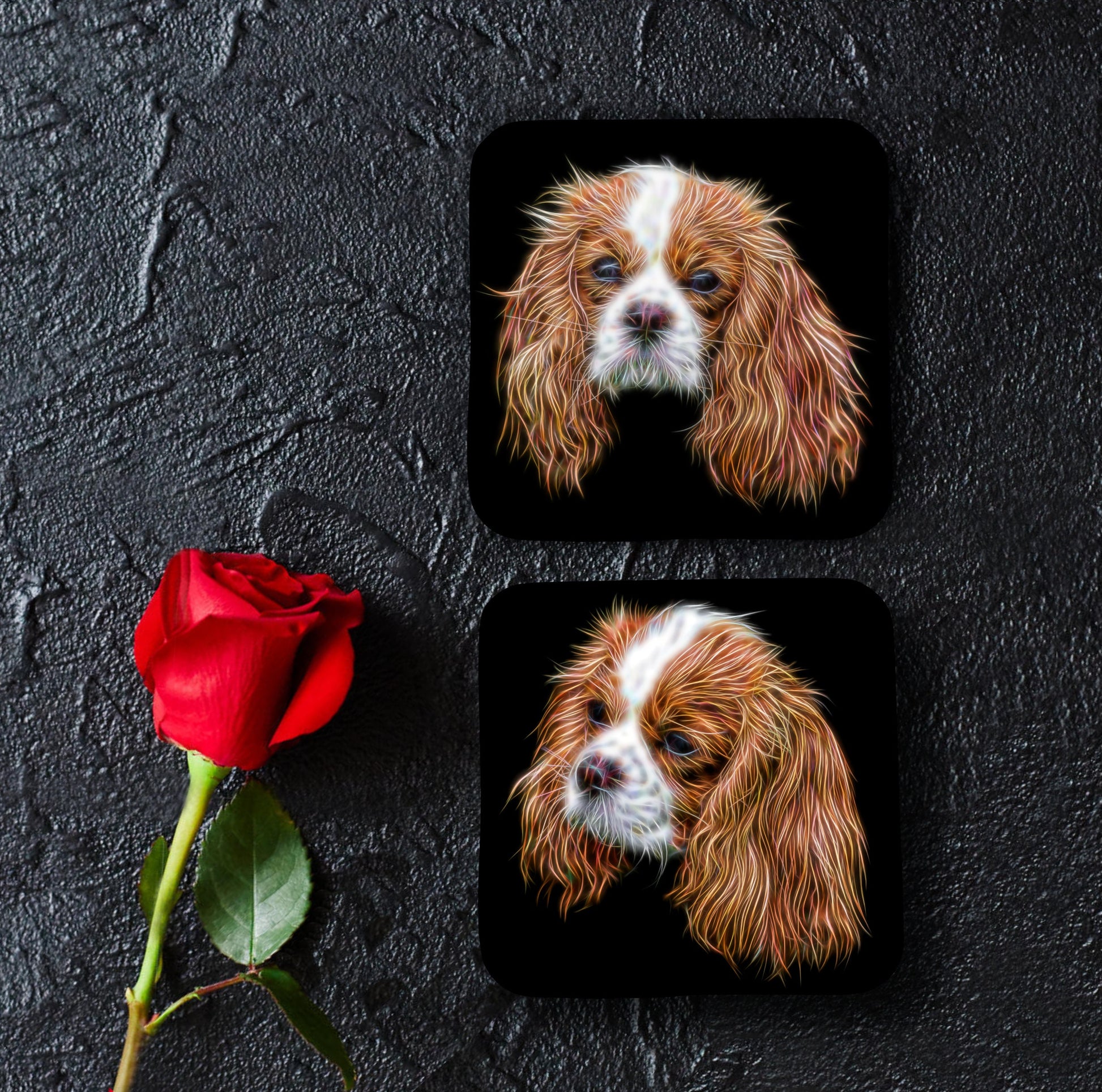 Blenheim King Charles Spaniel Coasters, Set of 2, with Fractal Art Design