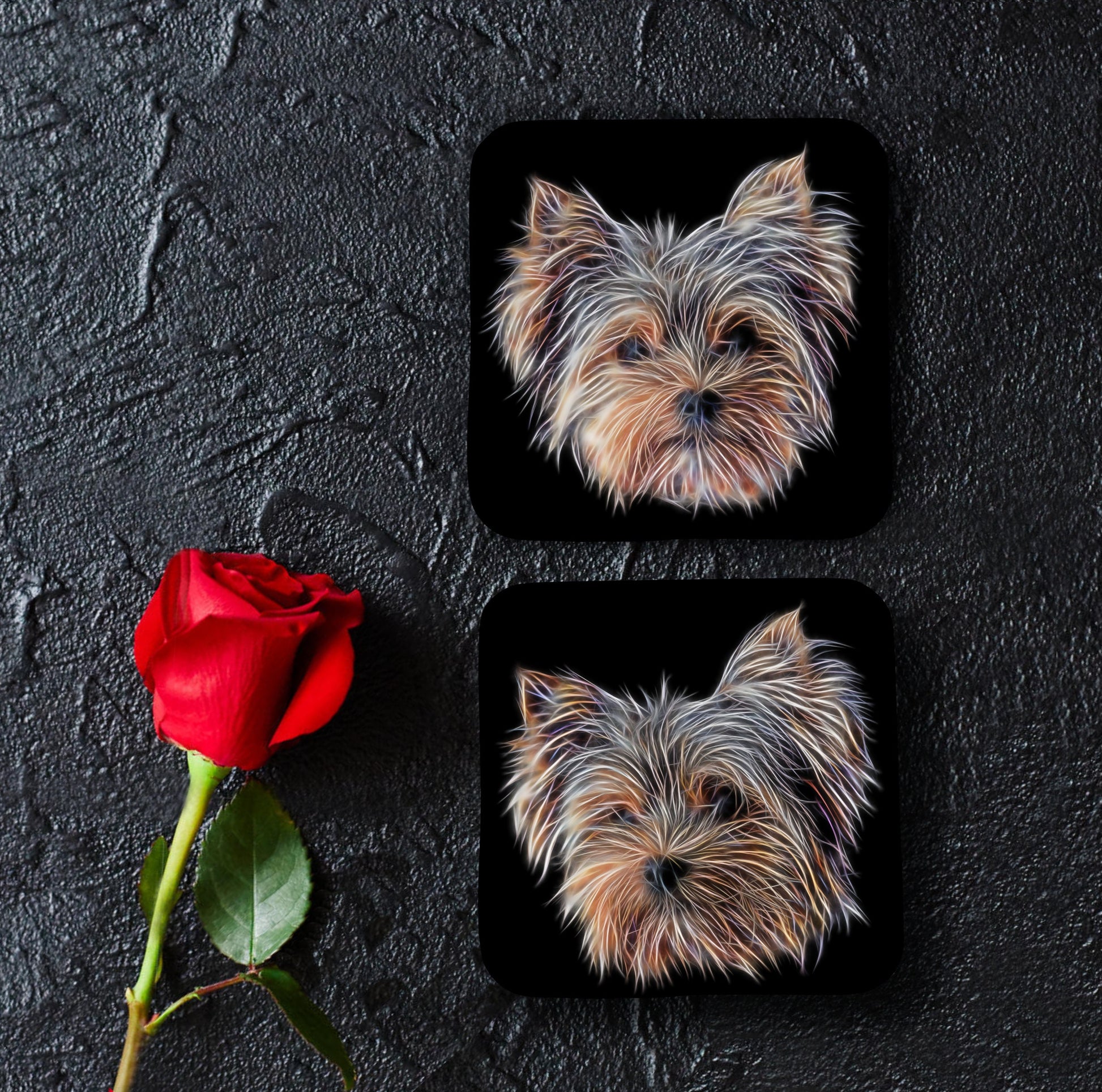Yorkshire Terrier Coasters, Set of 2, with Stunning Fractal Art Design.