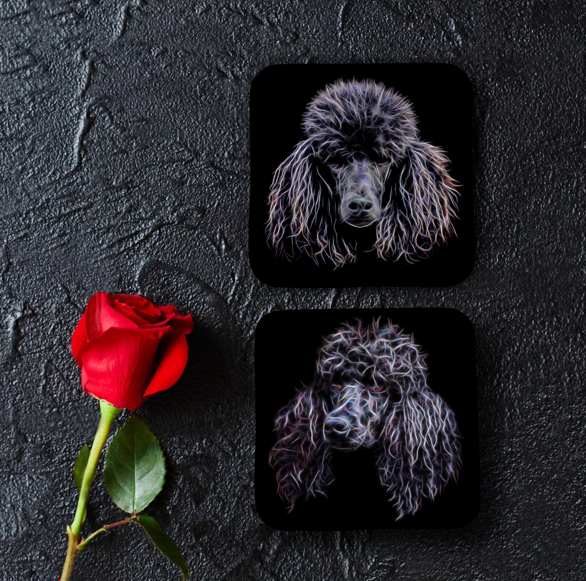 Black Standard Poodle Coasters, Set of 2, with Stunning Fractal Art Design.