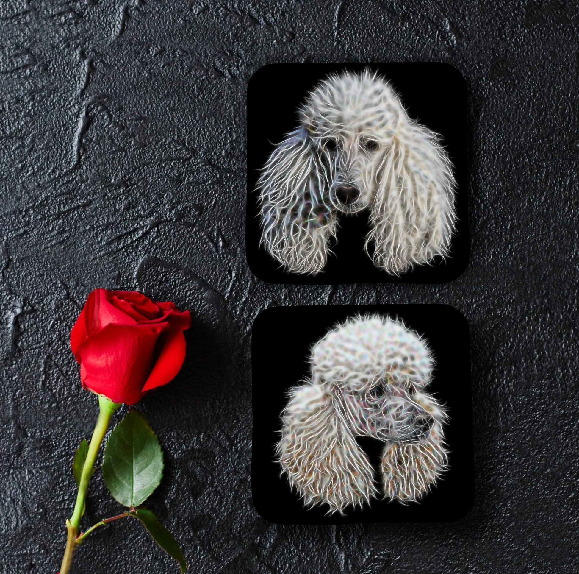 White Standard Poodle Coasters, Set of 2, with Stunning Fractal Art Design. Perfect Poodle Owner Gift.