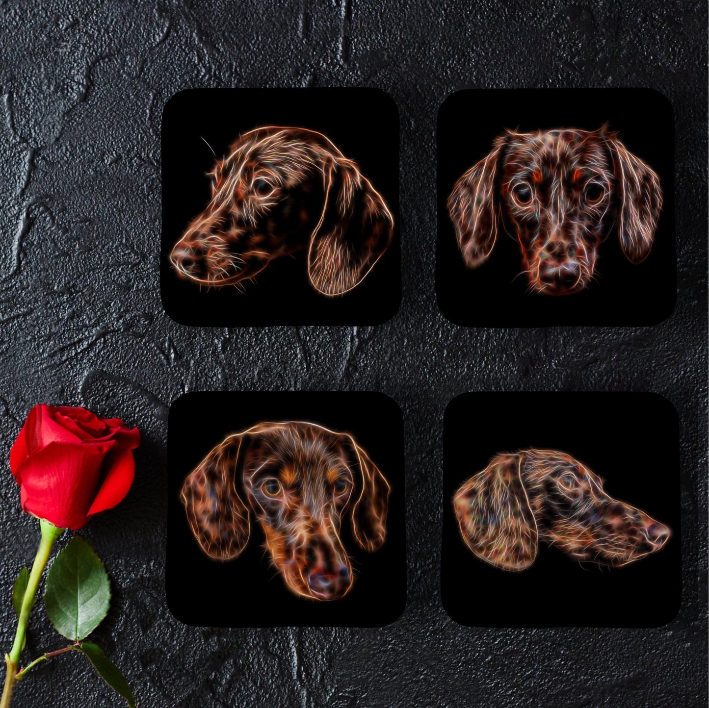 Chocolate Brown Dachshund Coasters, Set of 4, with Stunning Fractal Art Design.