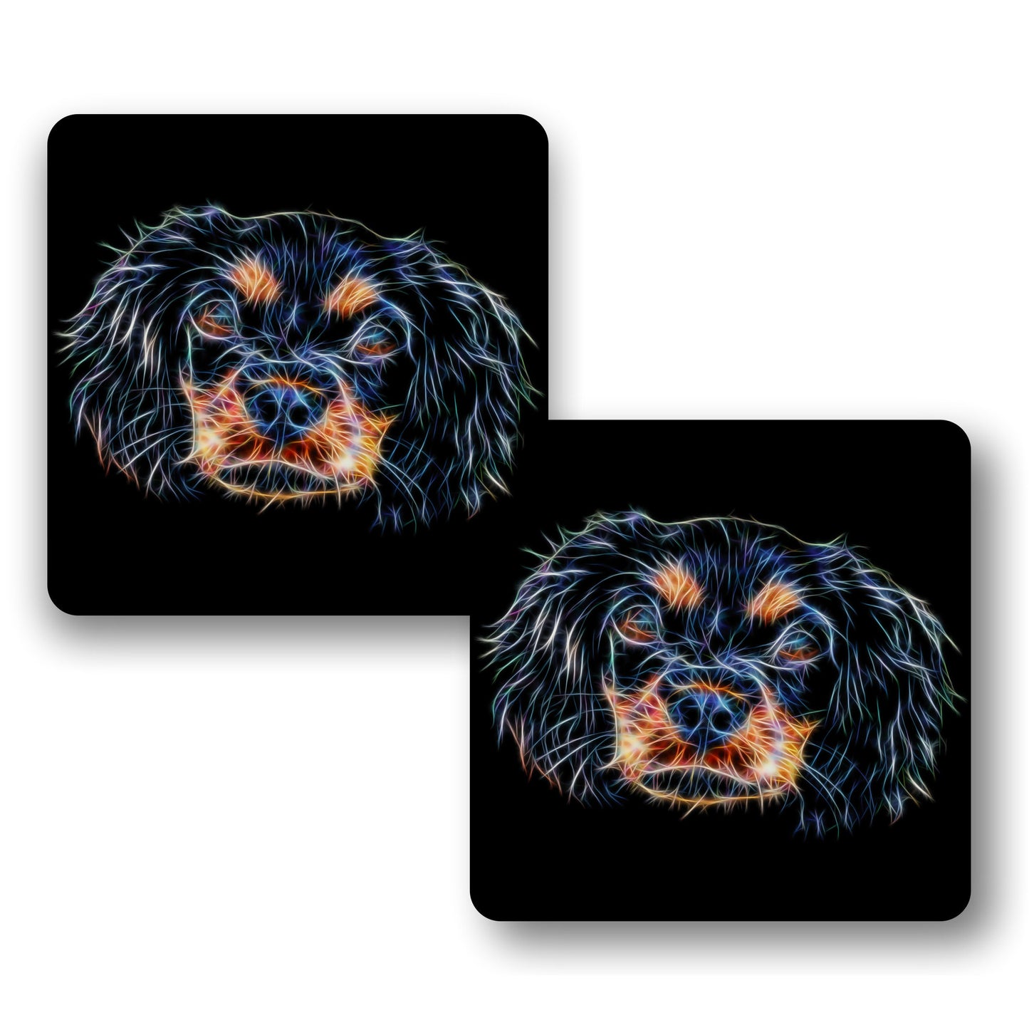 Black and Tan King Charles Spaniel Coasters, Set of 2, with Stunning Fractal Art Design.