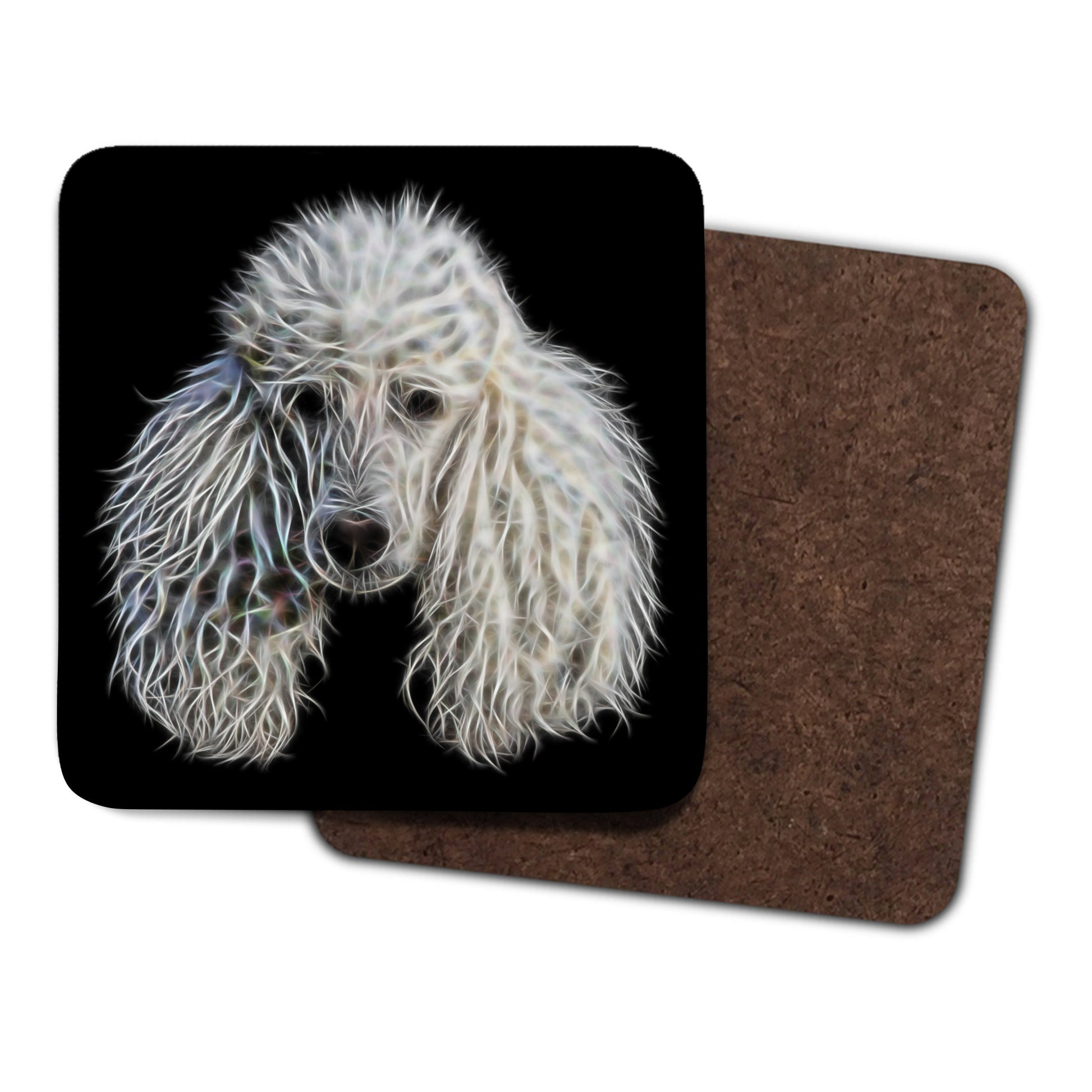 White Standard Poodle Coasters, Set of 2, with Stunning Fractal Art Design. Perfect Poodle Owner Gift.