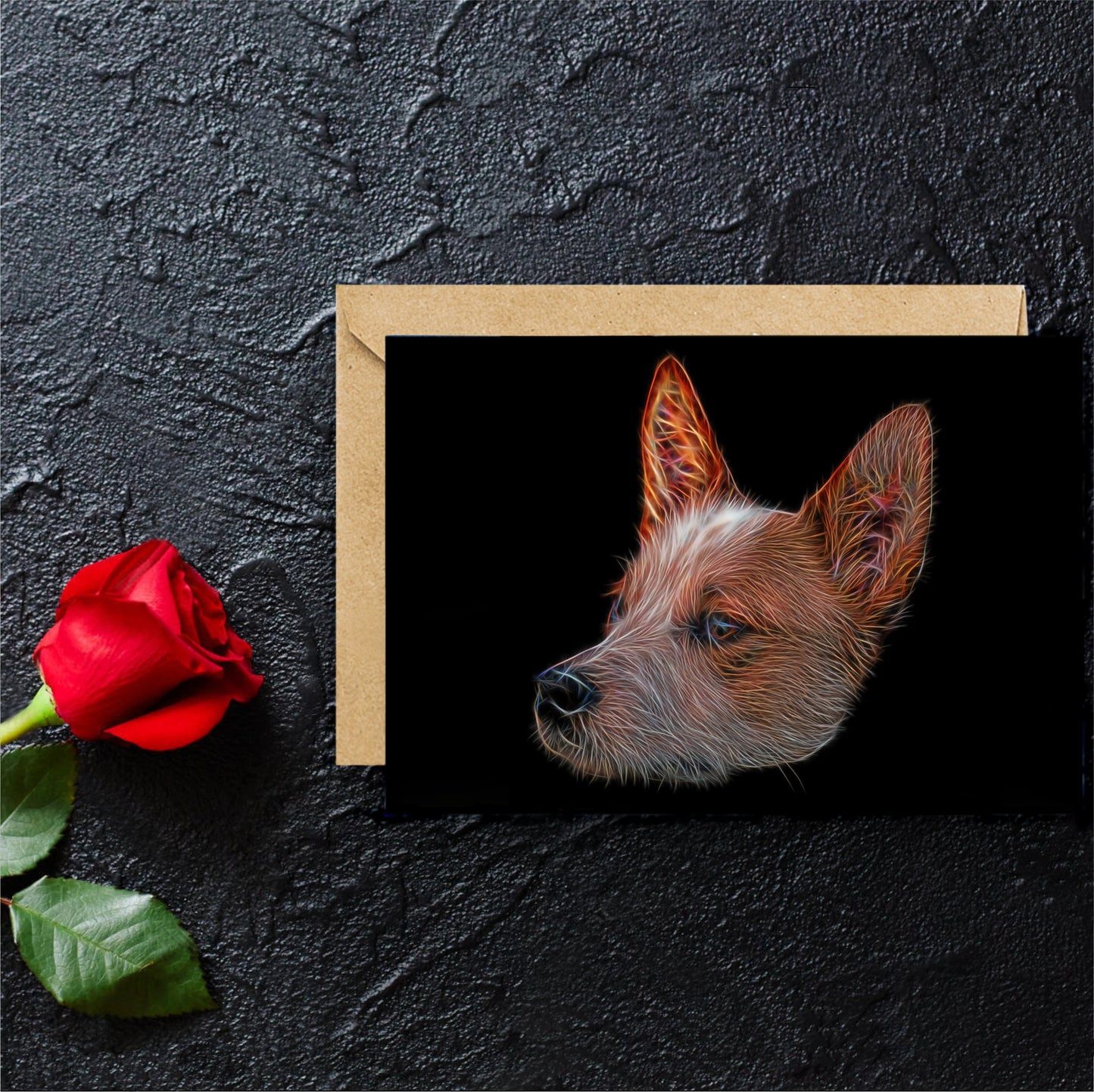 Australian Cattle Dog Greeting Card with Stunning Fractal Art Design. Blank Inside for Birthdays or any other Occasion, Red Heeler