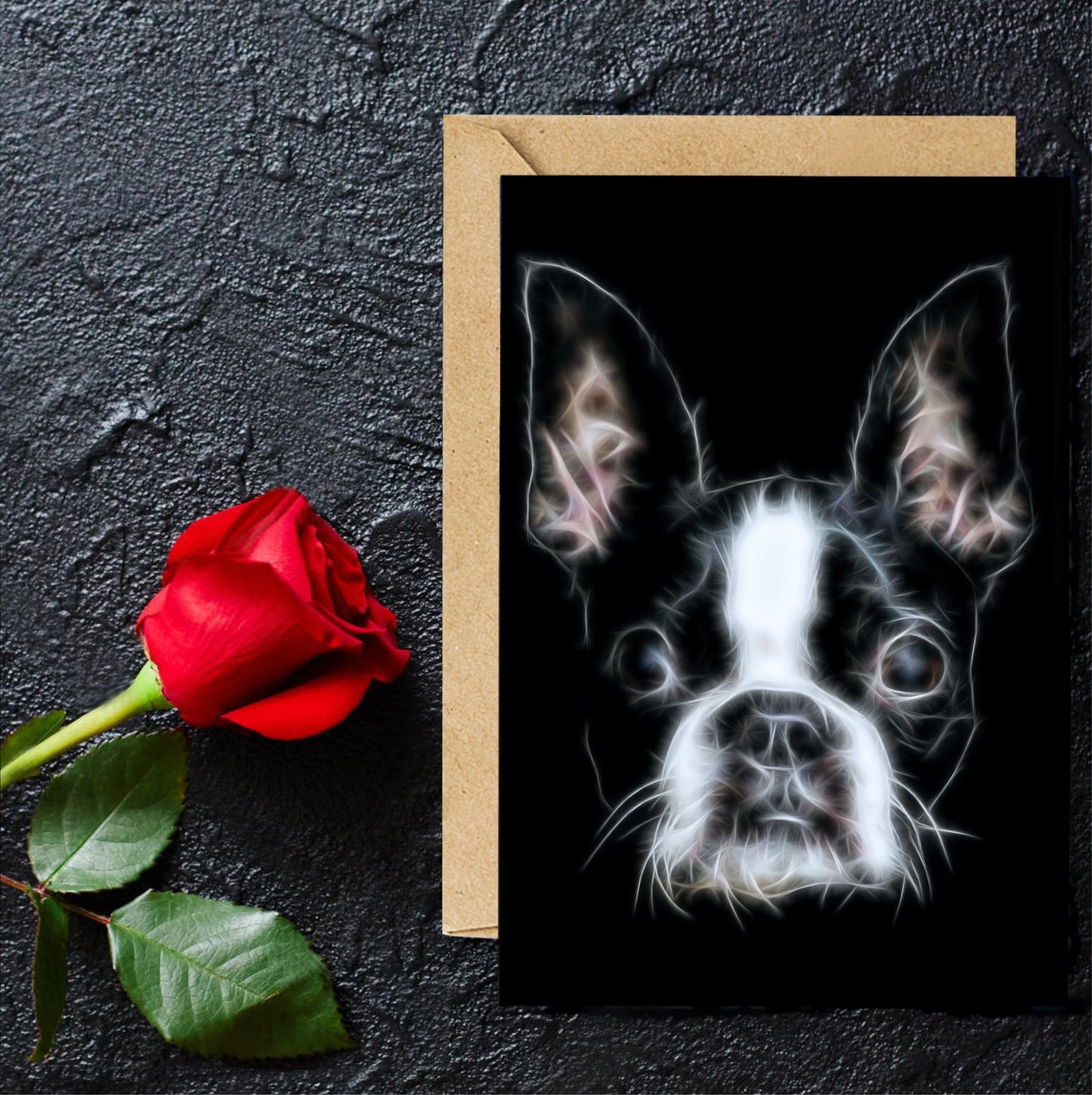 Boston Terrier Greeting Card with Stunning Fractal Art Design. Blank Inside for Birthdays or any other Occasion