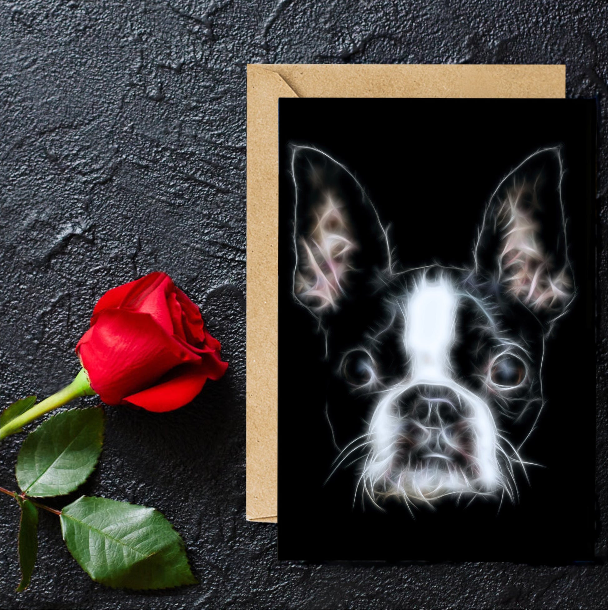 Boston Terrier Greeting Card with Stunning Fractal Art Design. Blank Inside for Birthdays or any other Occasion