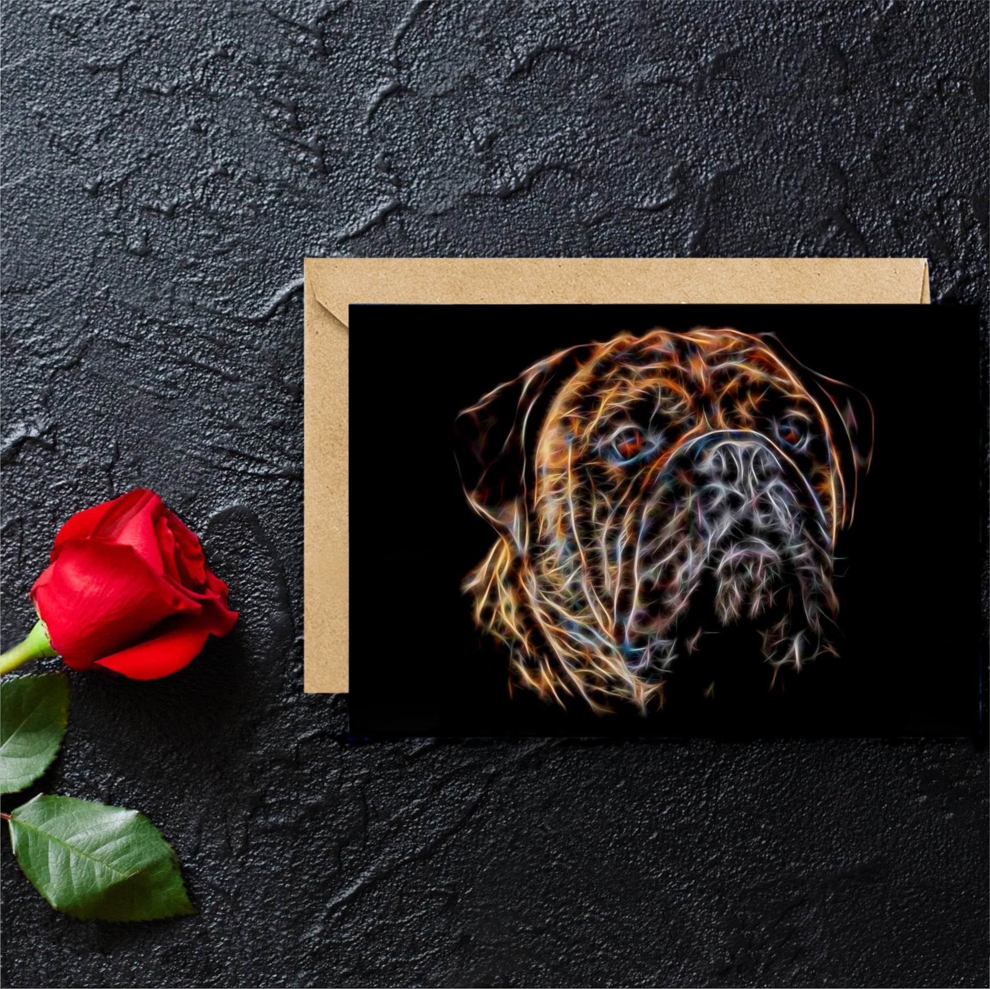 Brindle Bullmastiff Greeting Card with Stunning Fractal Art Design. Blank Inside for Birthdays or any other Occasion