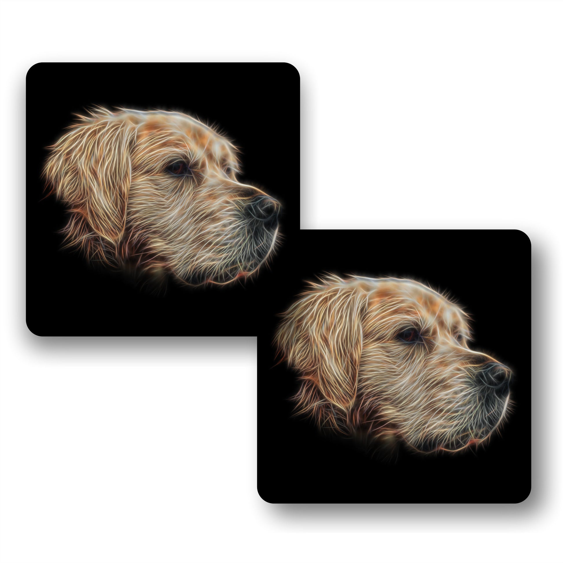Golden Retriever Coasters, Set of 2, with Stunning Fractal Art Design. Perfect Owner Gift.
