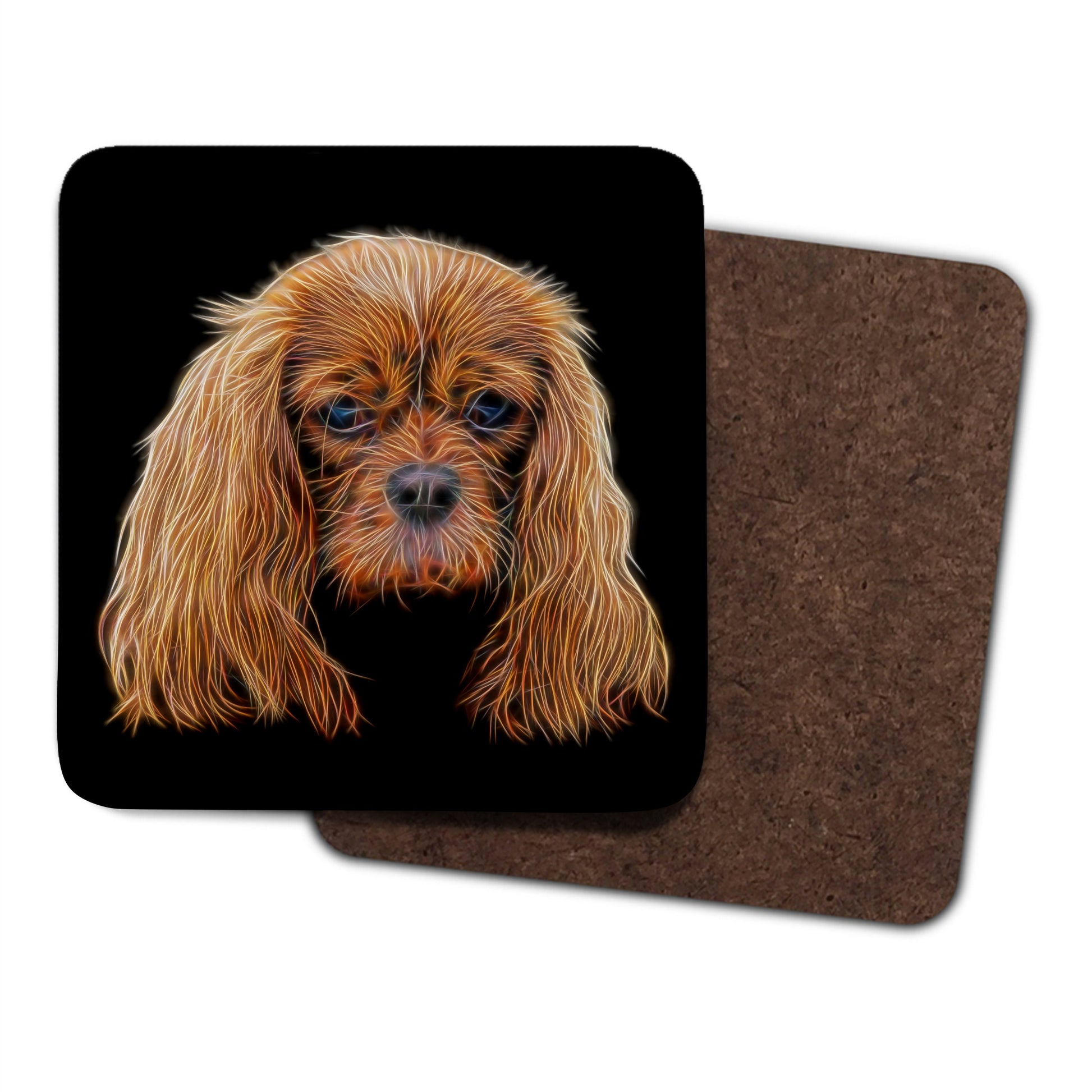 Ruby King Charles Spaniel Coasters, Set of 2, with Fractal Art Design