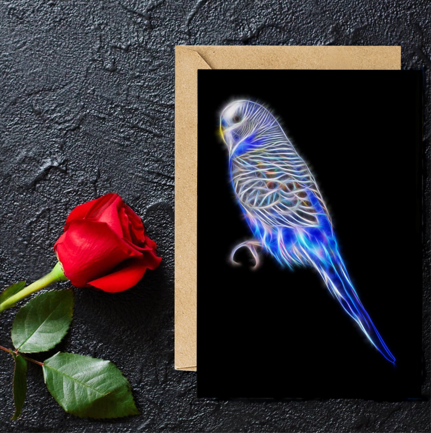 Blue Budgie Greeting Card with Stunning Fractal Art Design. Blank Inside for Birthdays or any other Occasion