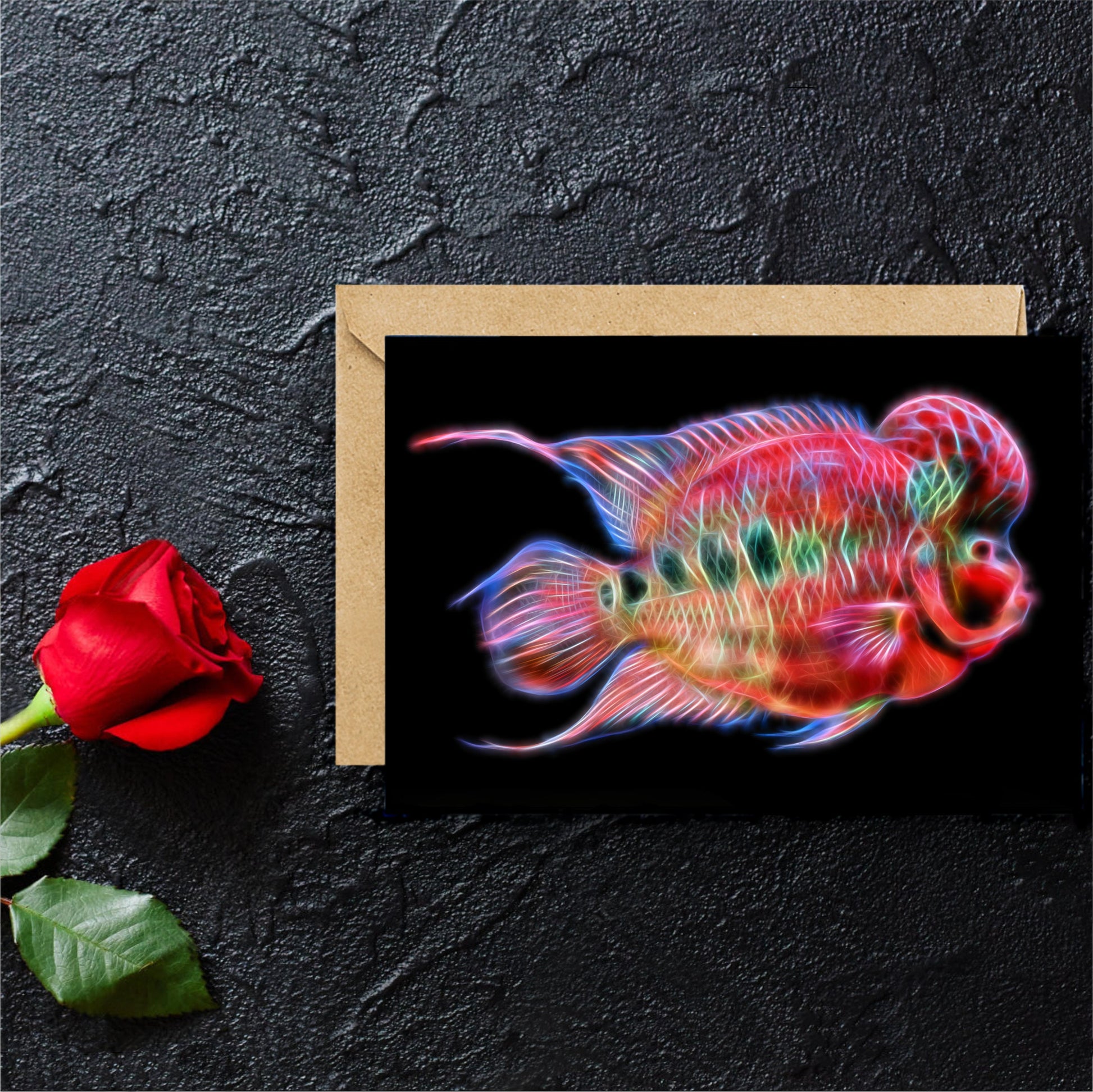 Flowerhorn Greeting Card with Stunning Fractal Art Design. Blank Inside for Birthdays or any other Occasion