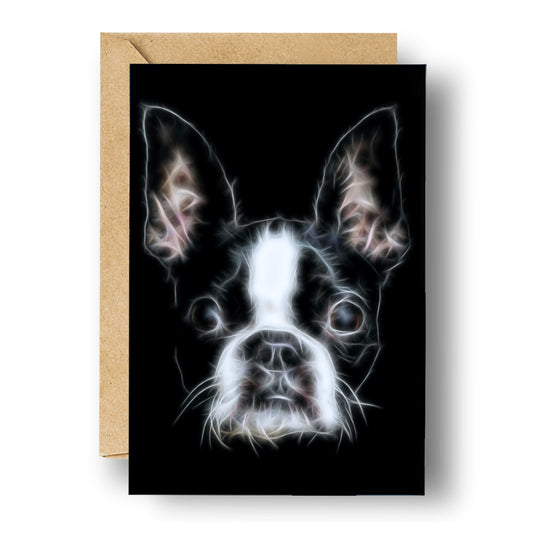 Boston Terrier Greeting Card with Stunning Fractal Art Design. Blank Inside for Birthdays or any other Occasion