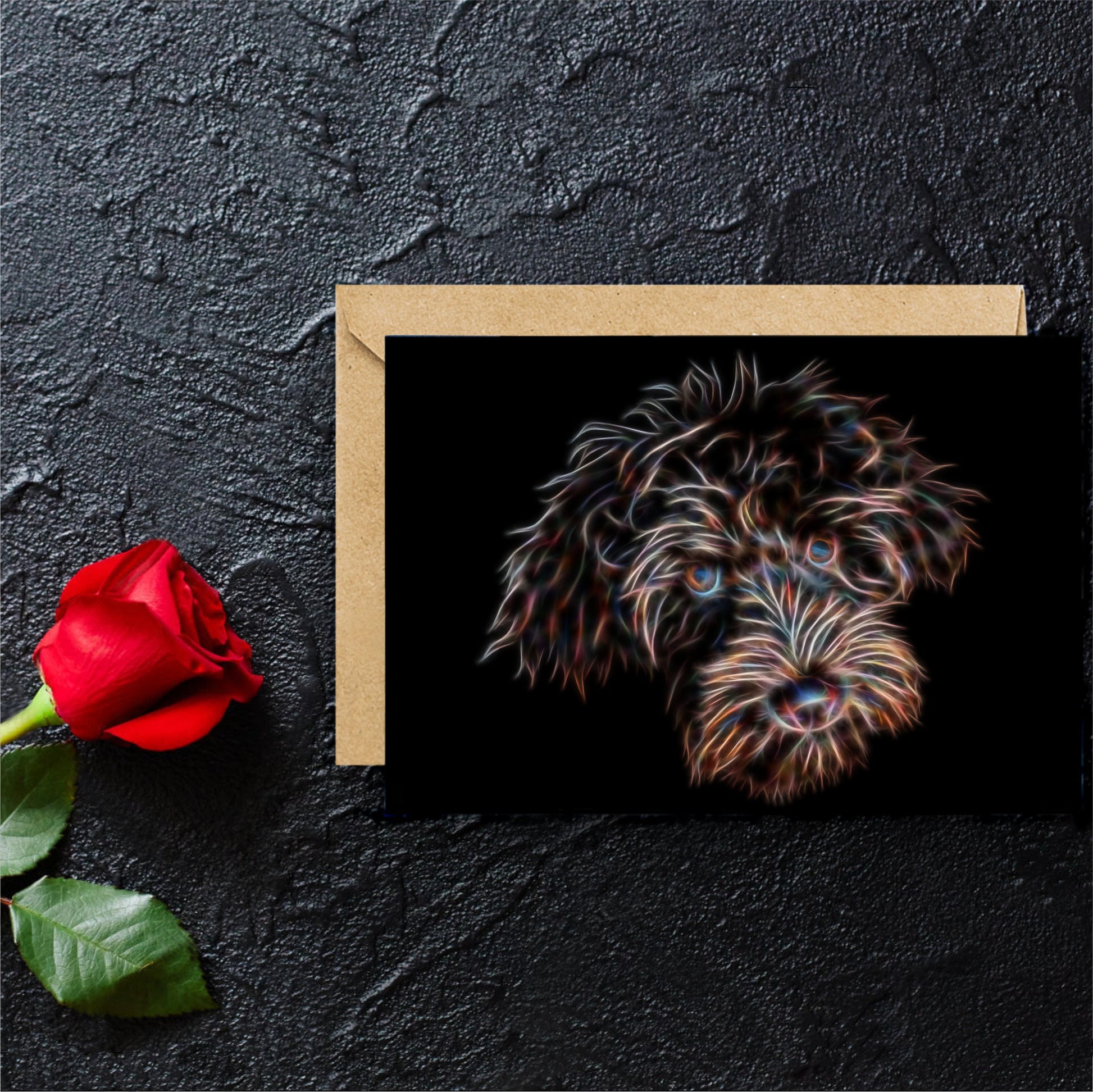 Chocolate Brown Labradoodle Greeting Card with Stunning Fractal Art Design. Blank Inside for Birthdays or any other Occasion