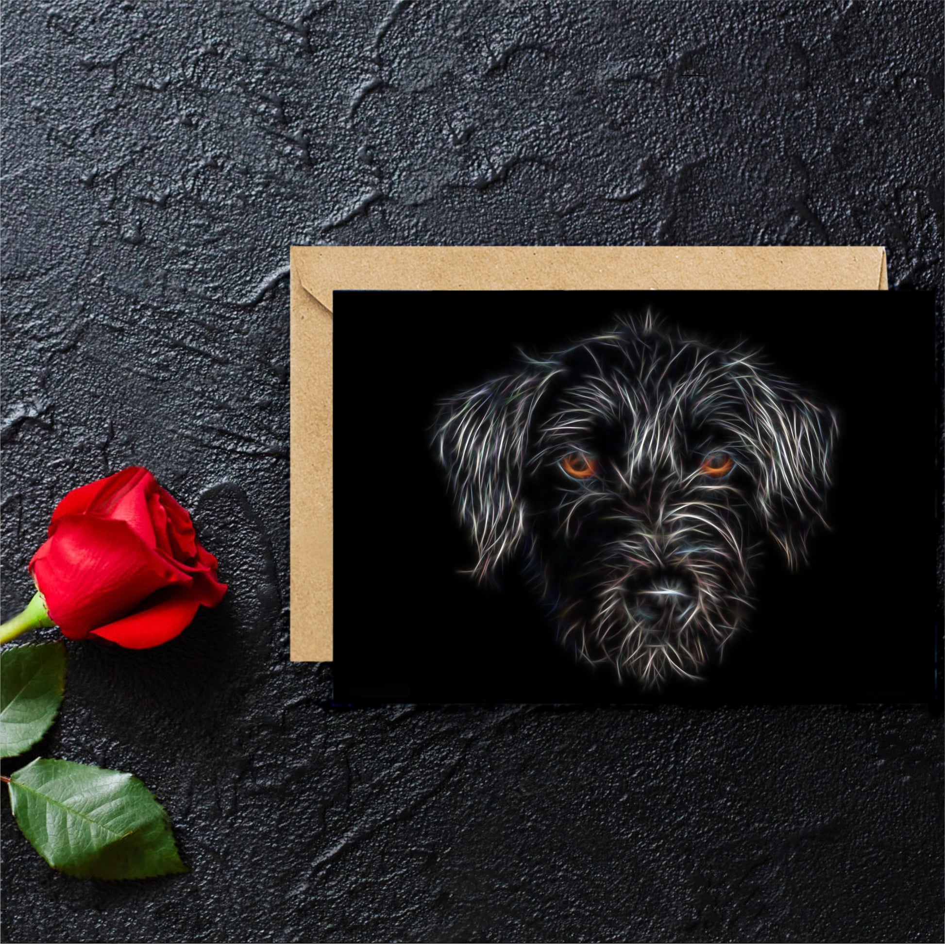Black Jackapoo Greeting Card with Stunning Fractal Art Design. Blank Inside for Birthdays or any other Occasion
