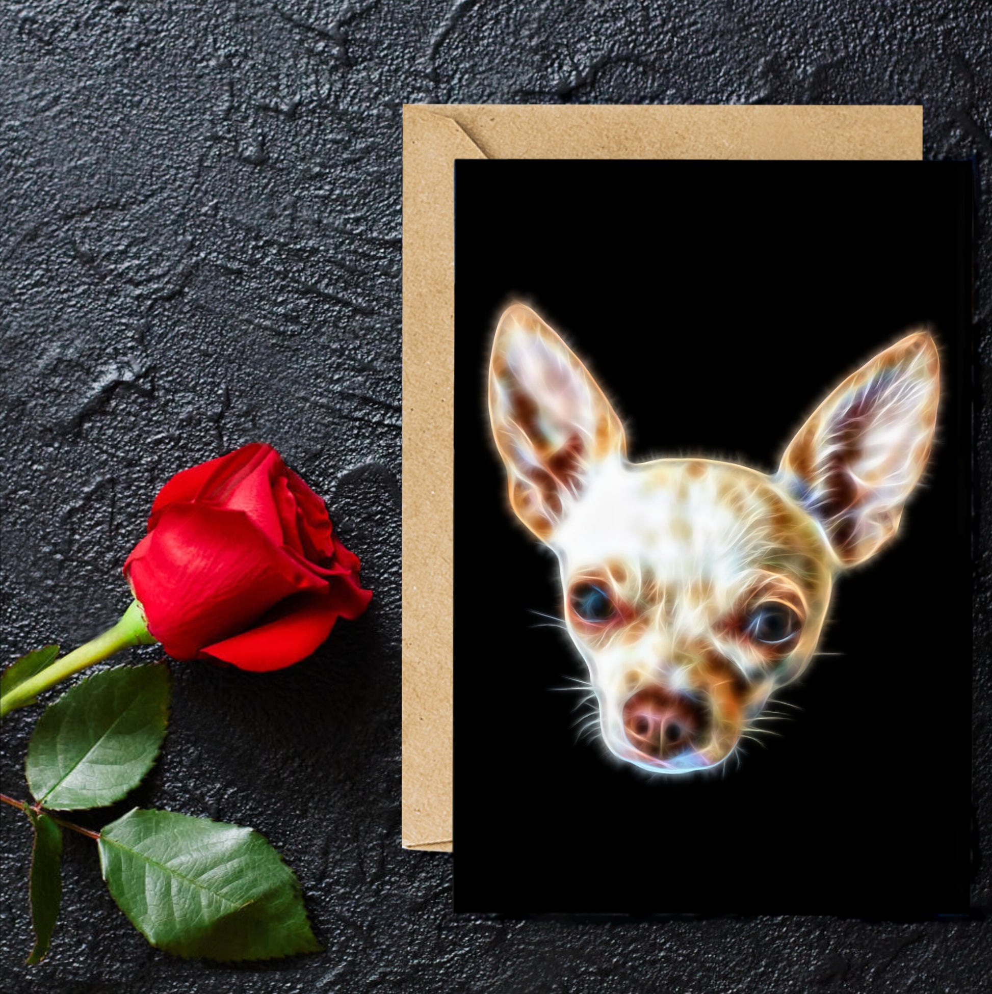 Cream Chihuahua Greeting Card with Stunning Fractal Art Design. Blank Inside for Birthdays or any other Occasion
