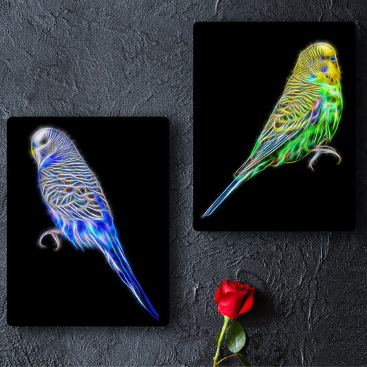 Budgie Metal Wall Plaque with Stunning Fractal Art Design. Blue or Green Budgerigar