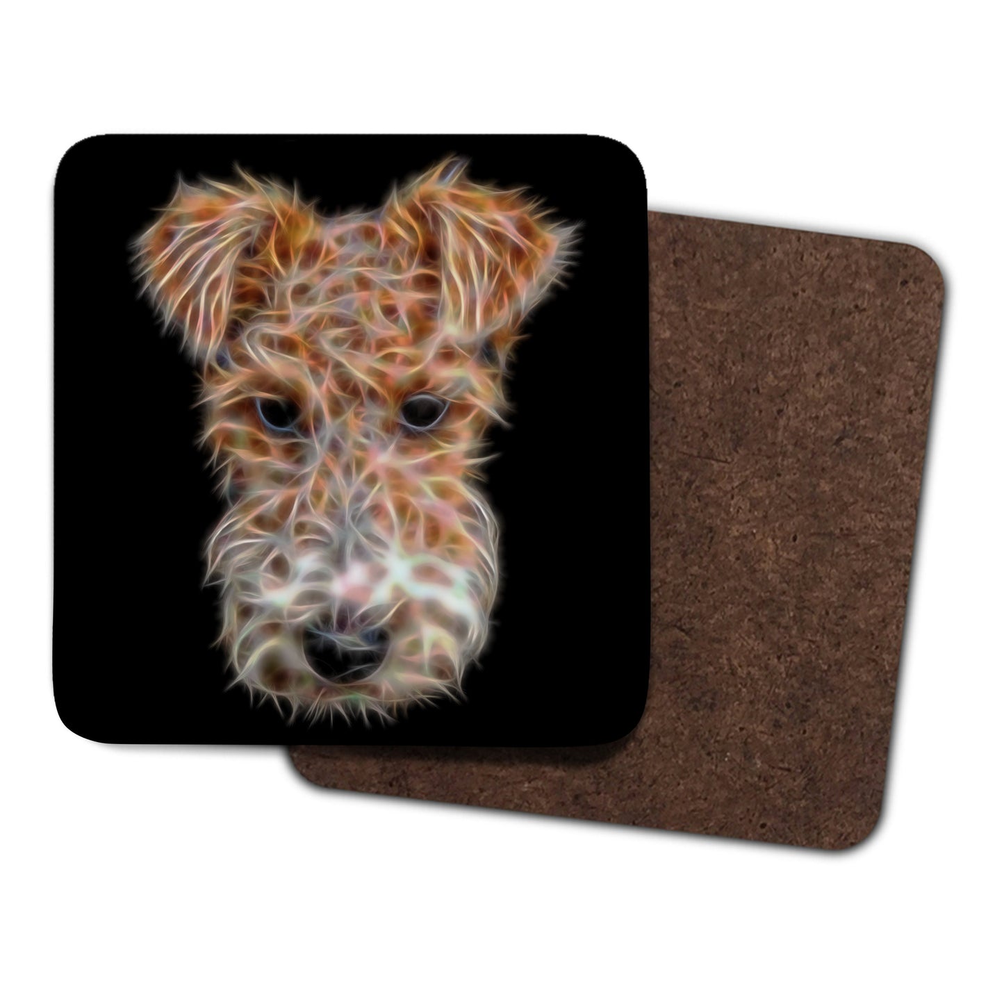 Wire Hair Fox Terrier Coasters, Set of 2, with Stunning Fractal Art Design.