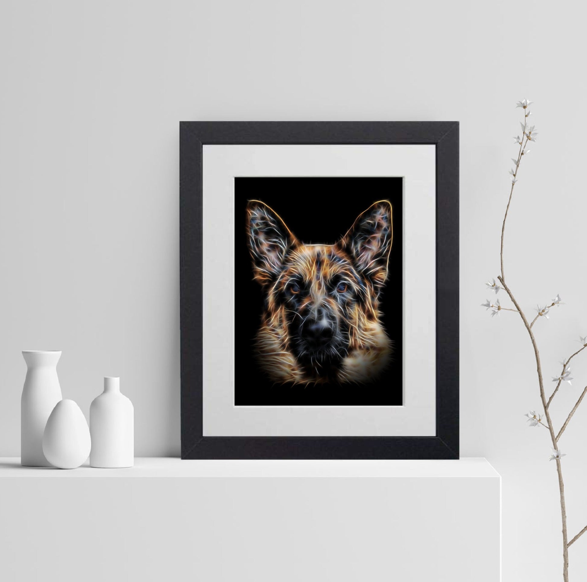 Black and Tan German Shepherd Print with Stunning Fractal Art Design. Various Sizes Available