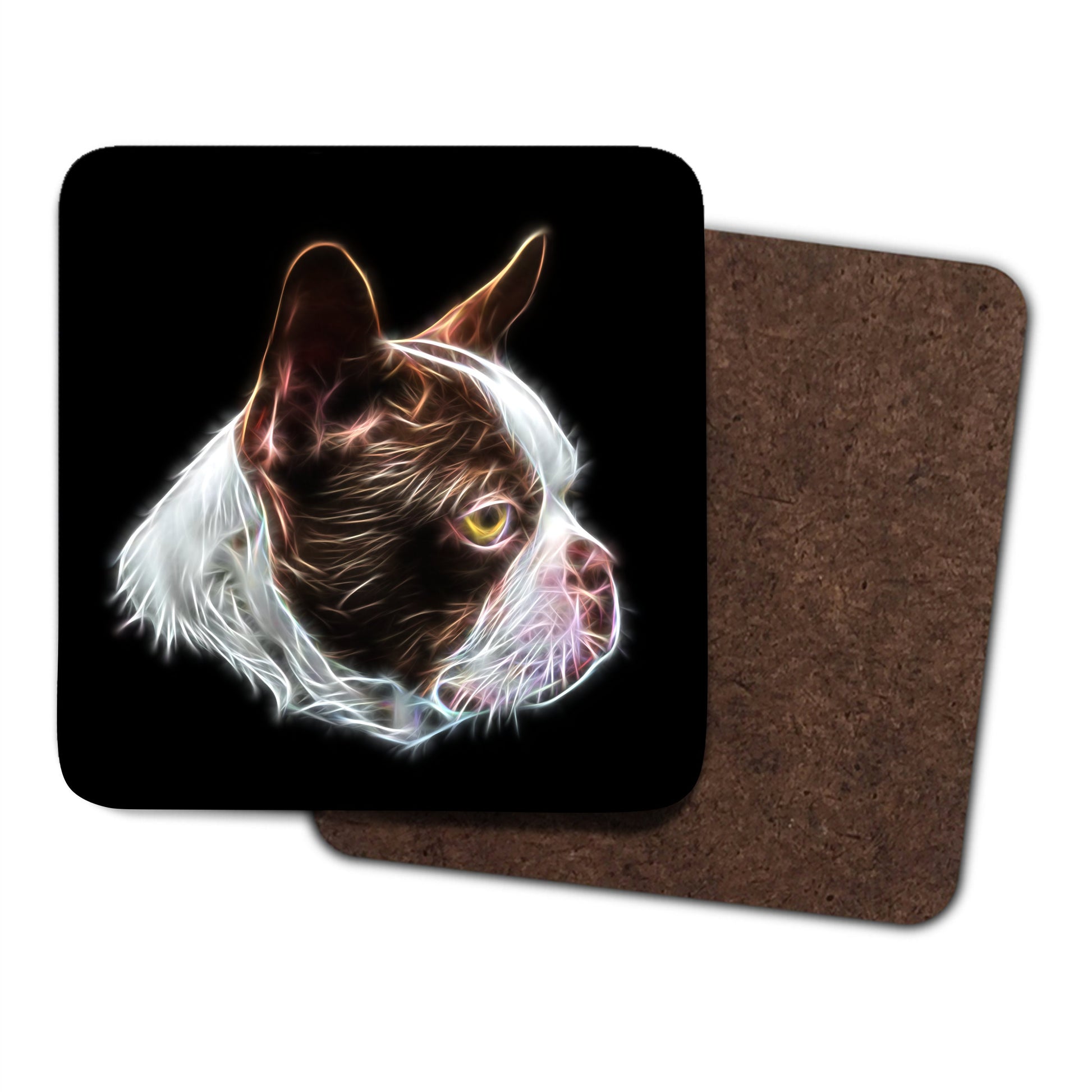 Brown and White Boston Terrier Coasters, Set of 2, with Stunning Fractal Art Design.